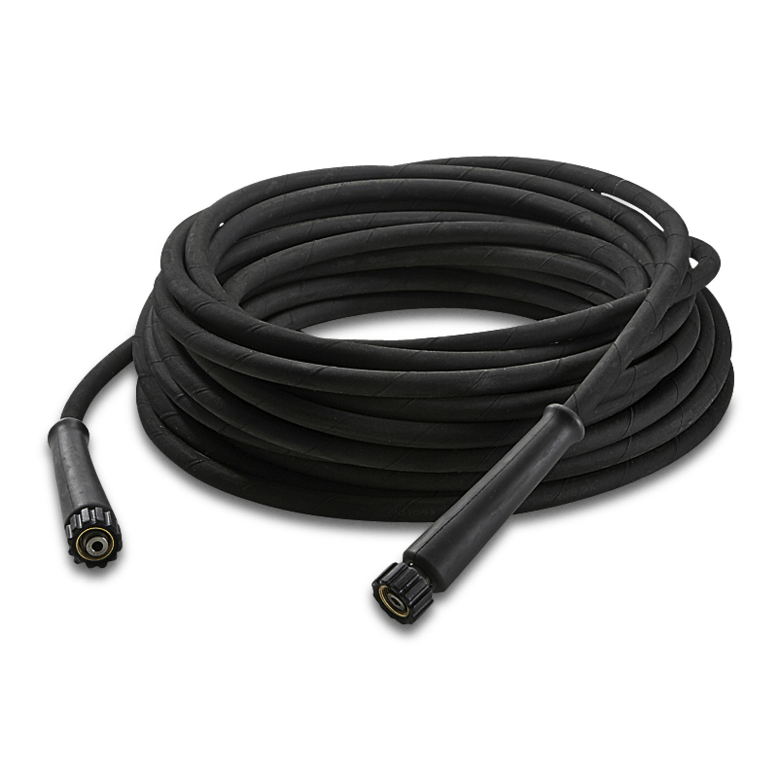 Coiled black Kärcher high-pressure hose with connectors at both ends, set against a plain white background.