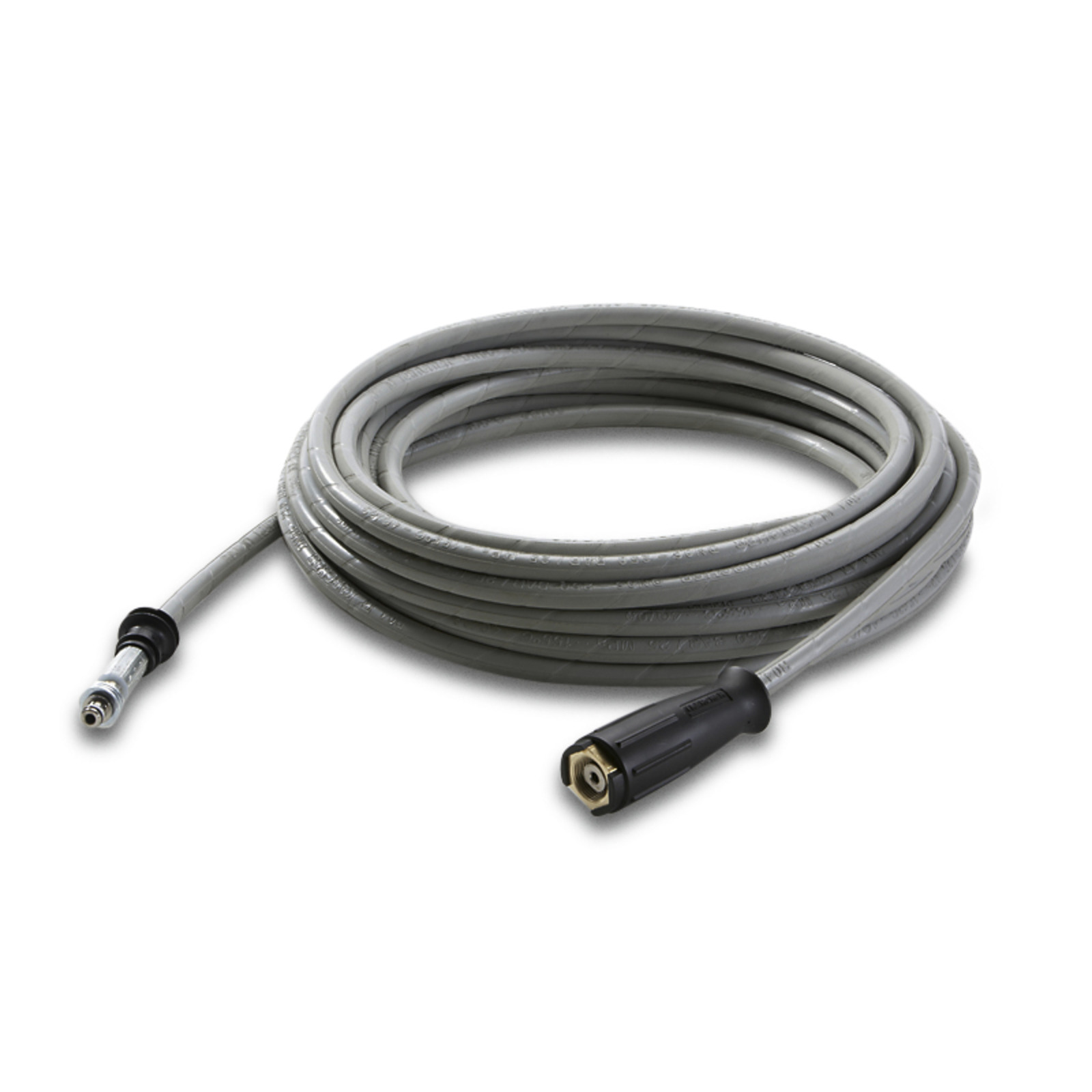 Coiled grey Kärcher high-pressure cleaner hose with connectors on both ends.