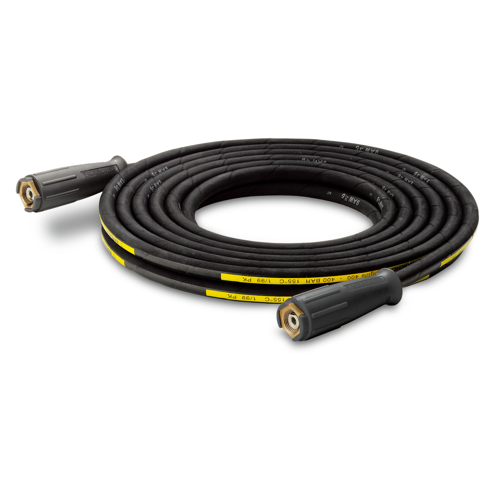 Coiled Kärcher high-pressure cleaner hose with black and yellow markings, featuring connectors at both ends. Coiled Kärcher high-pressure cleaner hose with black and yellow markings, featuring connectors at both ends.