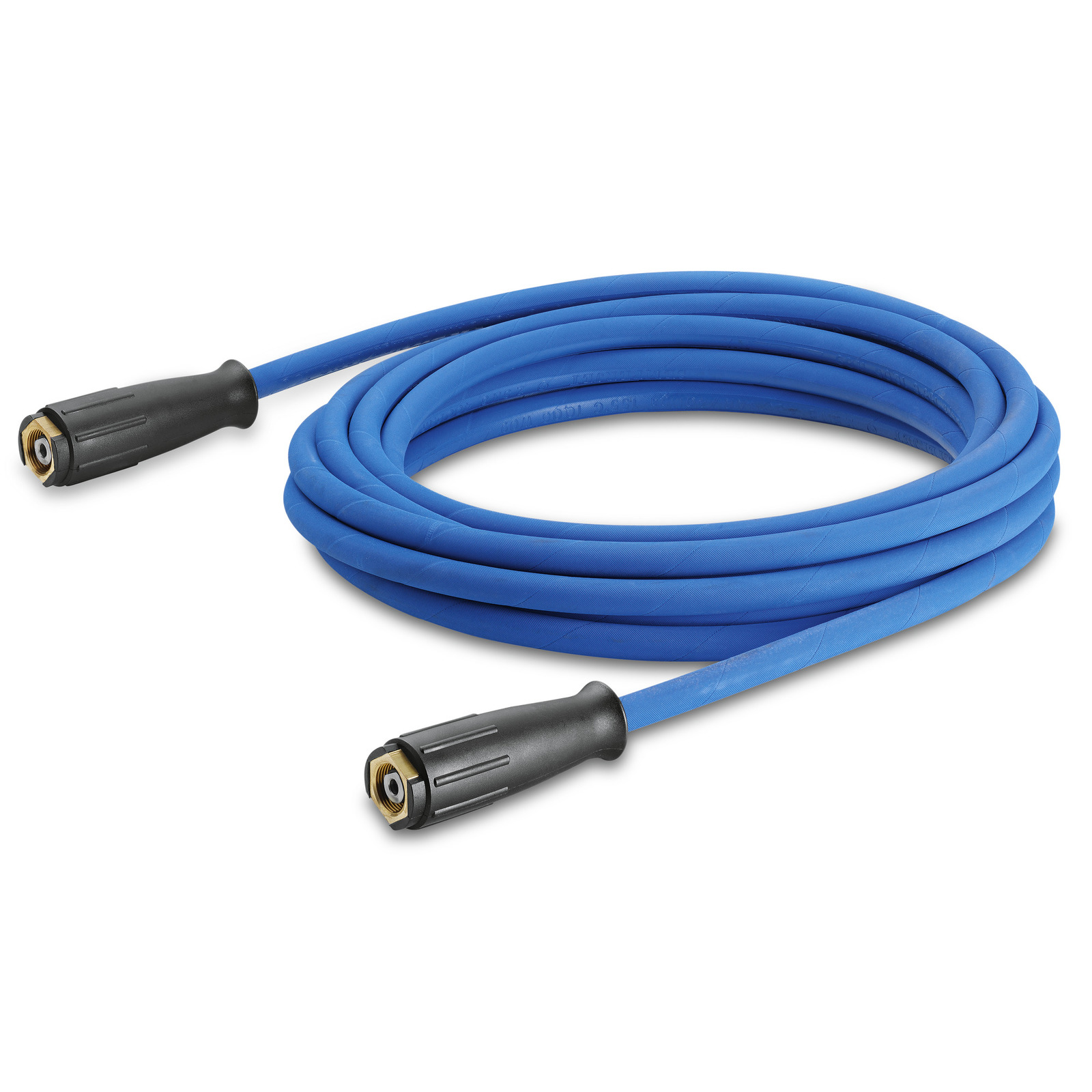 Coiled blue high-pressure hose with black connectors on each end, isolated on a white background.