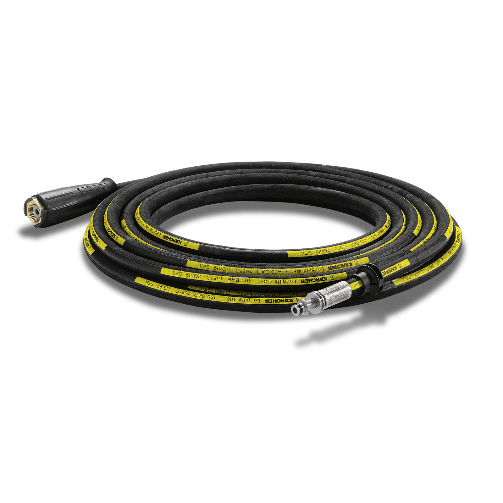 Coiled Kärcher high-pressure hose with black and yellow markings, featuring metal connectors at both ends.