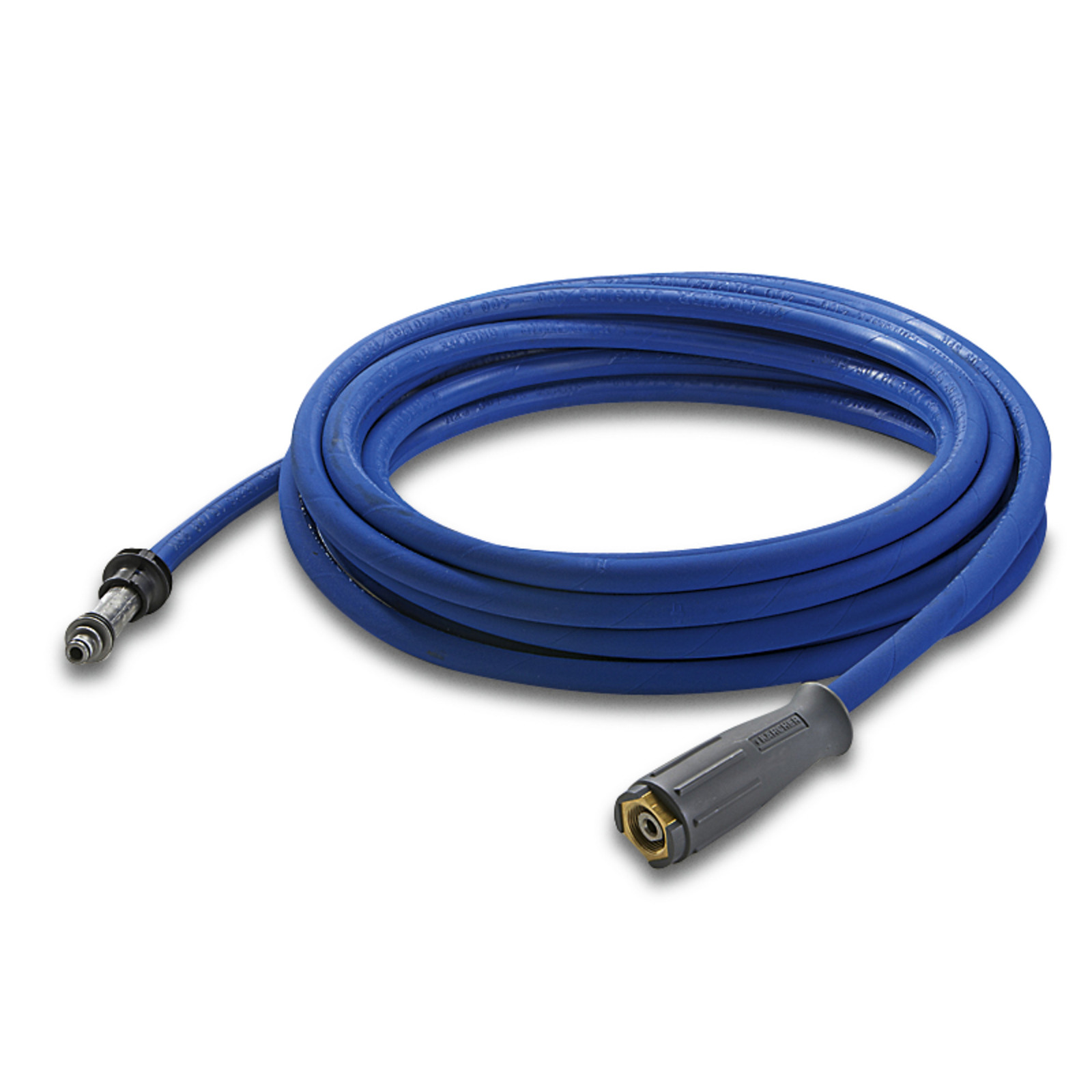Coiled blue Kärcher high-pressure hose with metal connectors on both ends, placed on a plain white background. Coiled blue Kärcher high-pressure hose with metal connectors on both ends, placed on a plain white background.