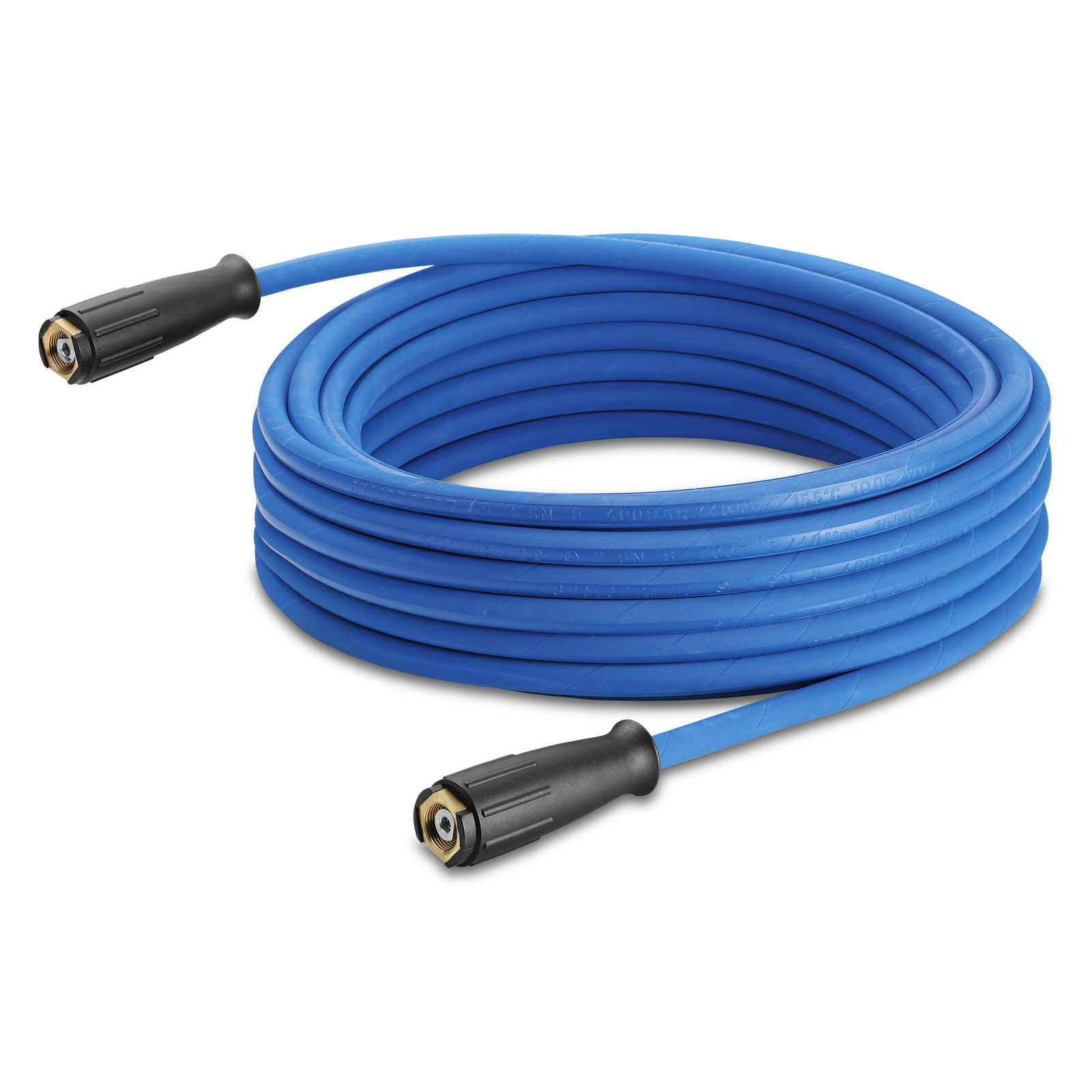 Coiled blue Kärcher high-pressure hose with black connectors on both ends.
