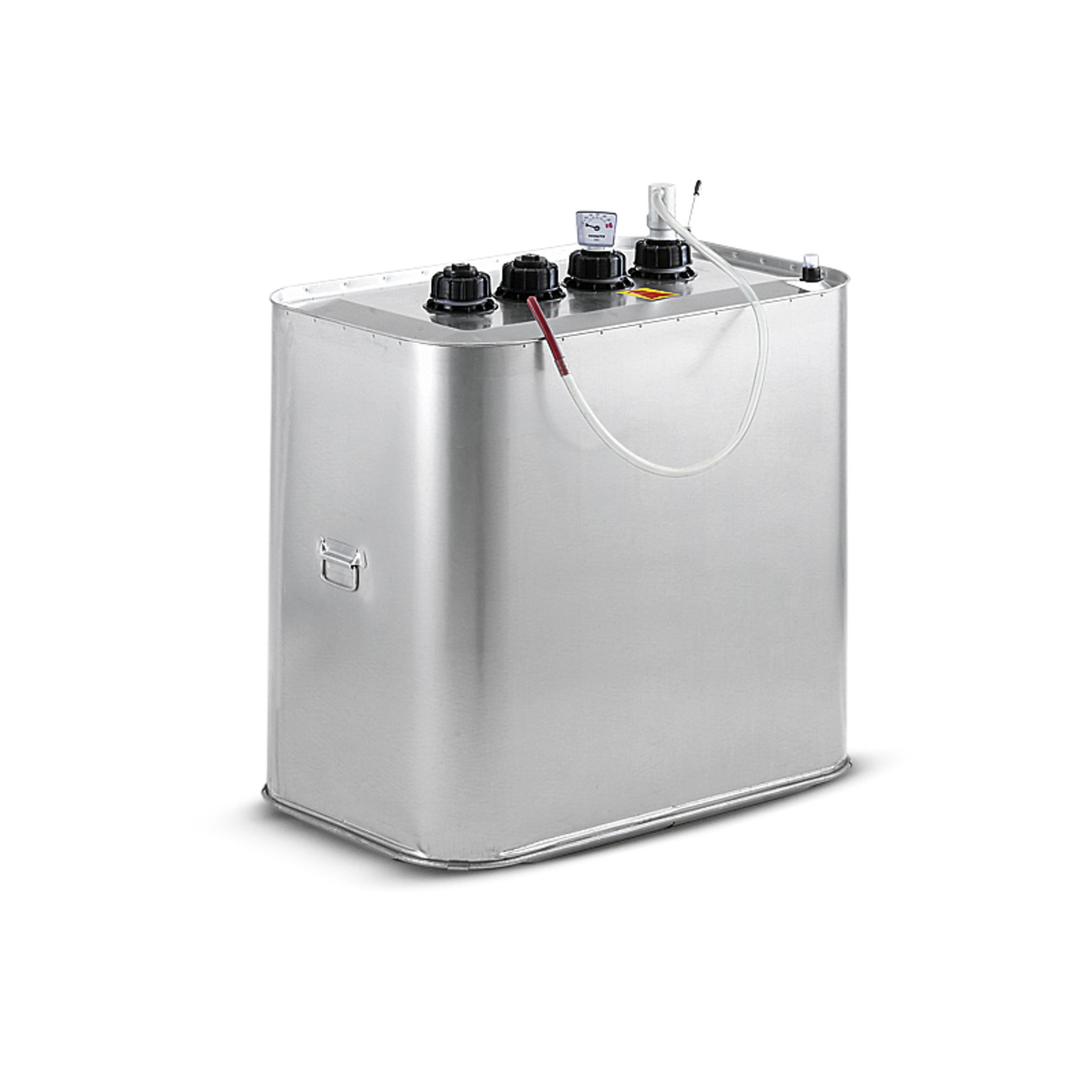 Silver rectangular tank with black caps and attached hoses on top, set against a plain white background. Silver rectangular tank with black caps and attached hoses on top, set against a plain white background.