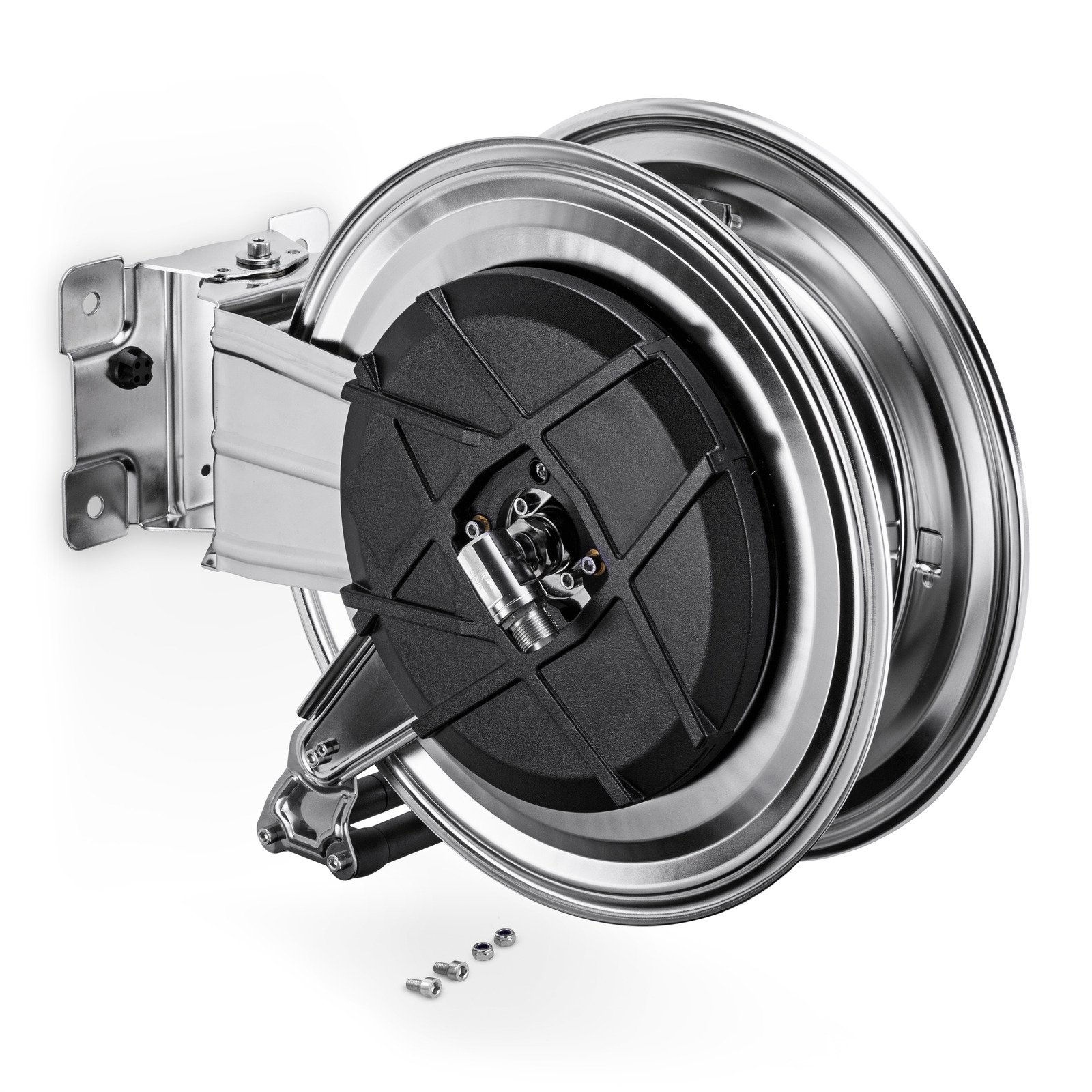 Wall-mounted stainless steel hose reel with a black circular housing, isolated against a white background with small fasteners positioned below.