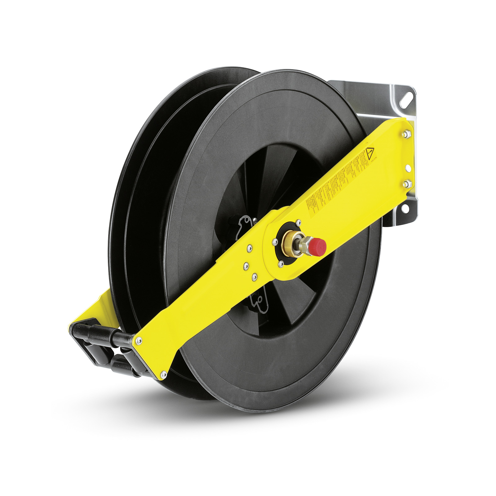 Kärcher hose reel with yellow handle and black spool, mounted on a metal bracket. Kärcher hose reel with yellow handle and black spool, mounted on a metal bracket.