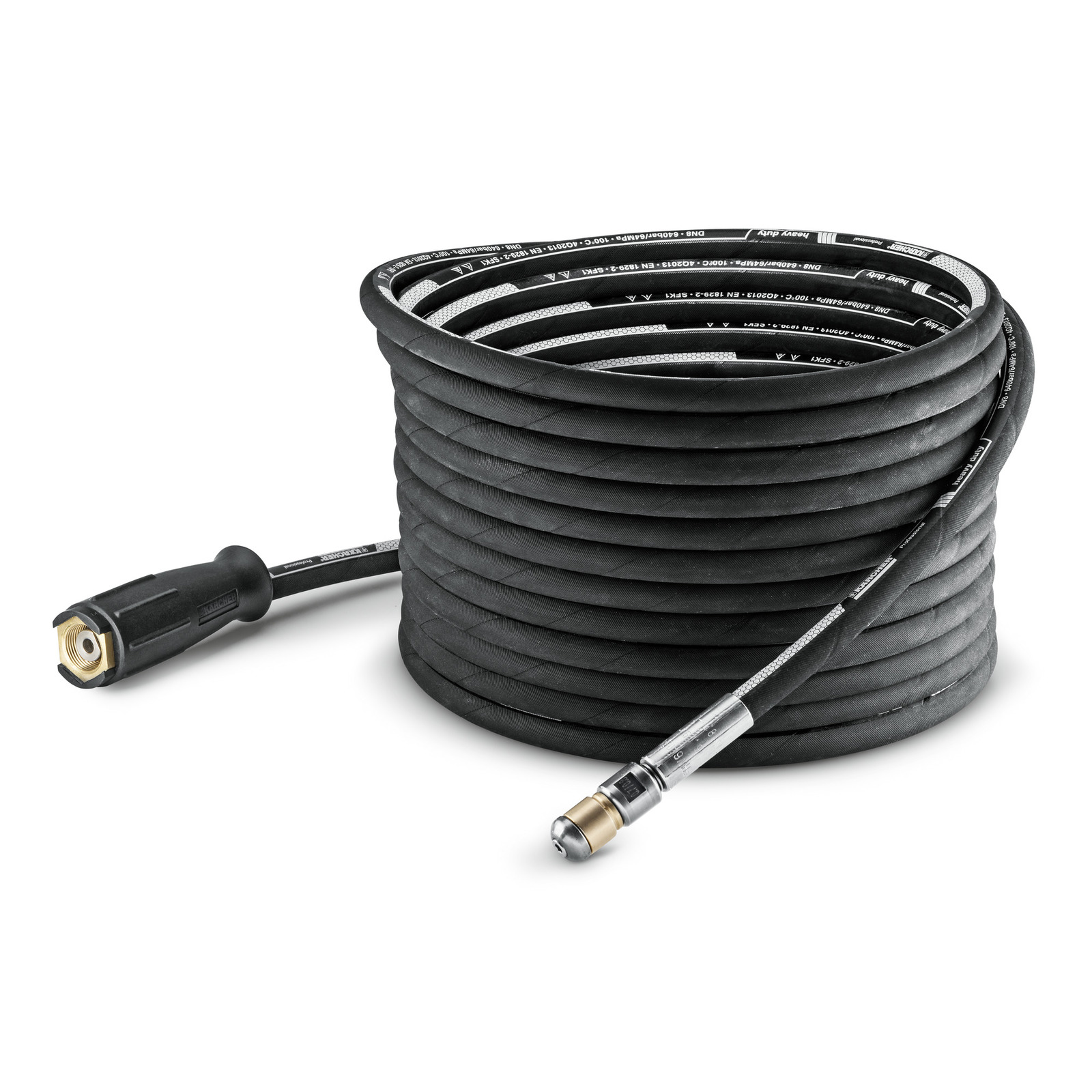 Coiled Kärcher high-pressure hose with connectors on both ends, featuring a black and grey design. Coiled Kärcher high-pressure hose with connectors on both ends, featuring a black and grey design.