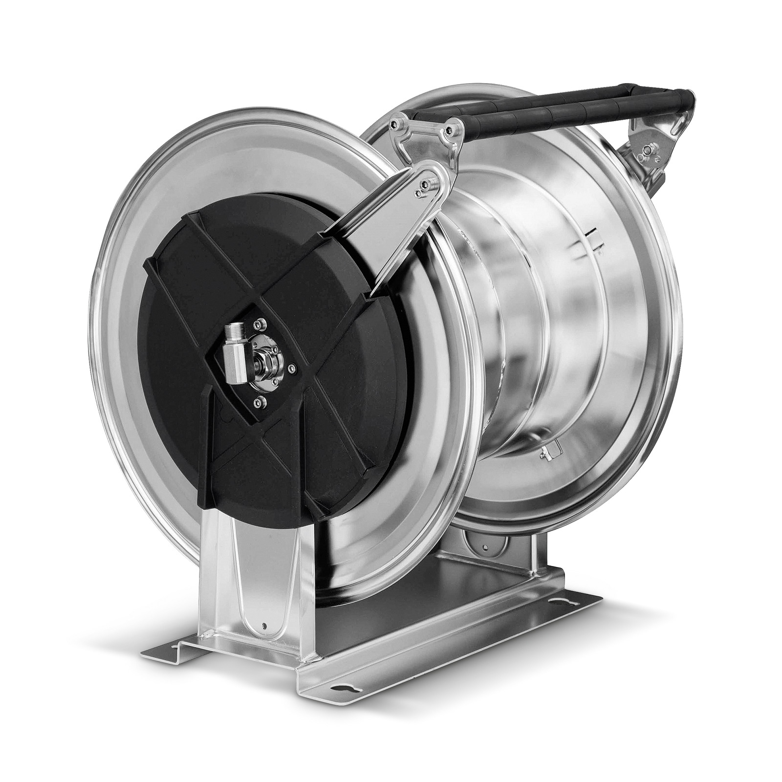 Stainless steel hose reel with black handle and mounting bracket, featuring a robust design and circular structure. Stainless steel hose reel with black handle and mounting bracket, featuring a robust design and circular structure.