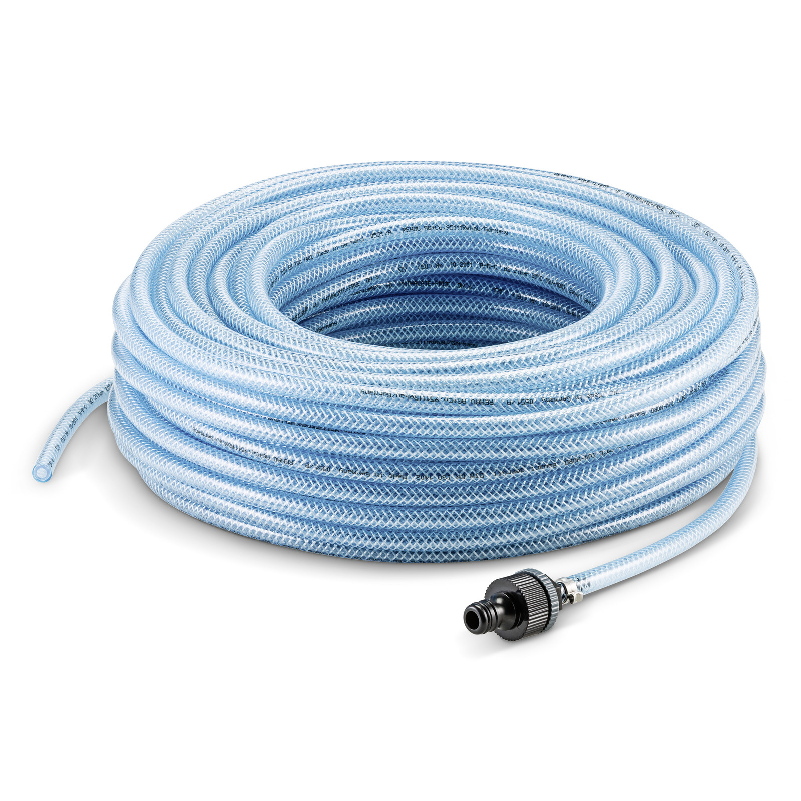 Coiled blue garden hose with black connector on white background.