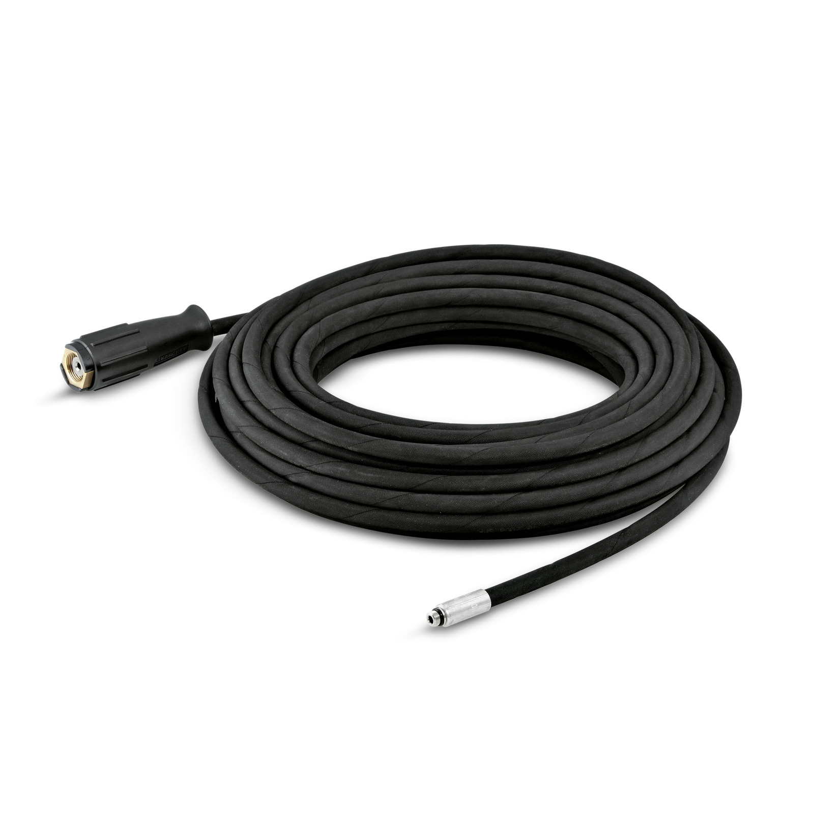 Coiled black Kärcher high-pressure hose with connectors at both ends, set against a plain white background.