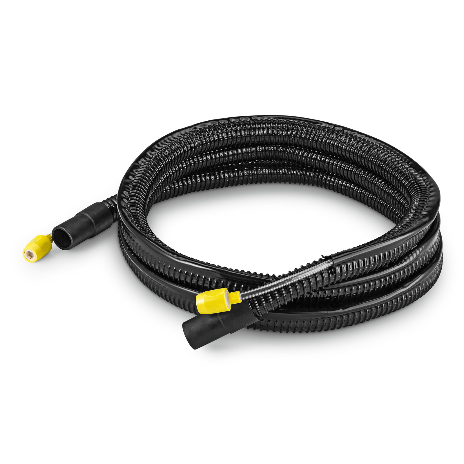 Coiled black Kärcher suction hose with yellow connectors on a white background. Coiled black Kärcher suction hose with yellow connectors on a white background.