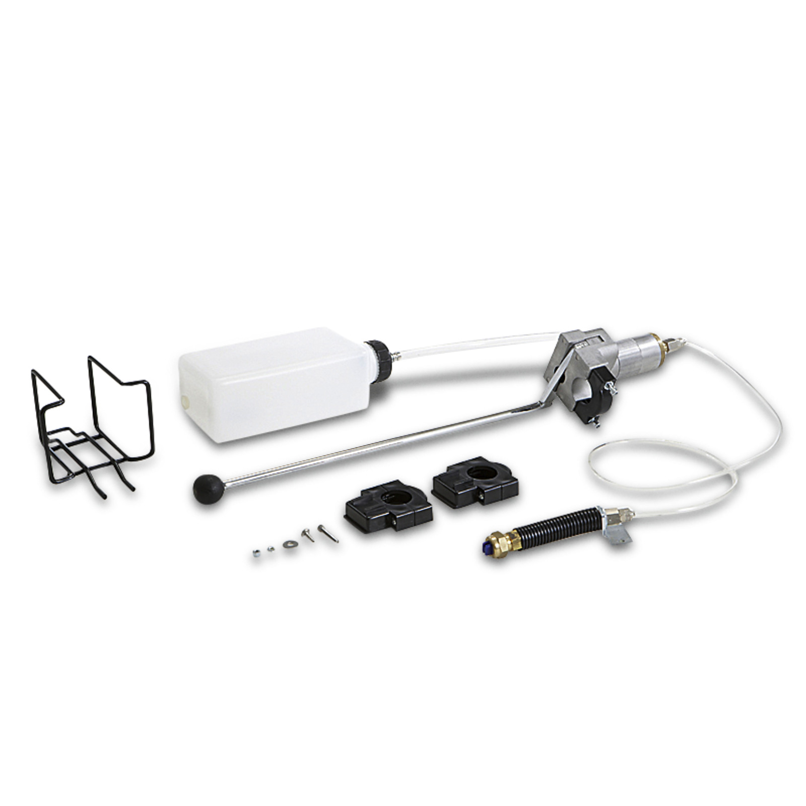 Kärcher foam nozzle kit with white container, metal rod, hose, black brackets, screws, and wire holder on white background.