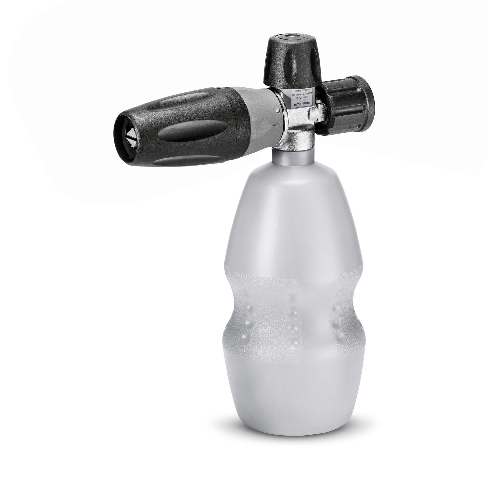 Kärcher foam nozzle with a black handle attached to a translucent white bottle, isolated on a white background. Kärcher foam nozzle with a black handle attached to a translucent white bottle, isolated on a white background.