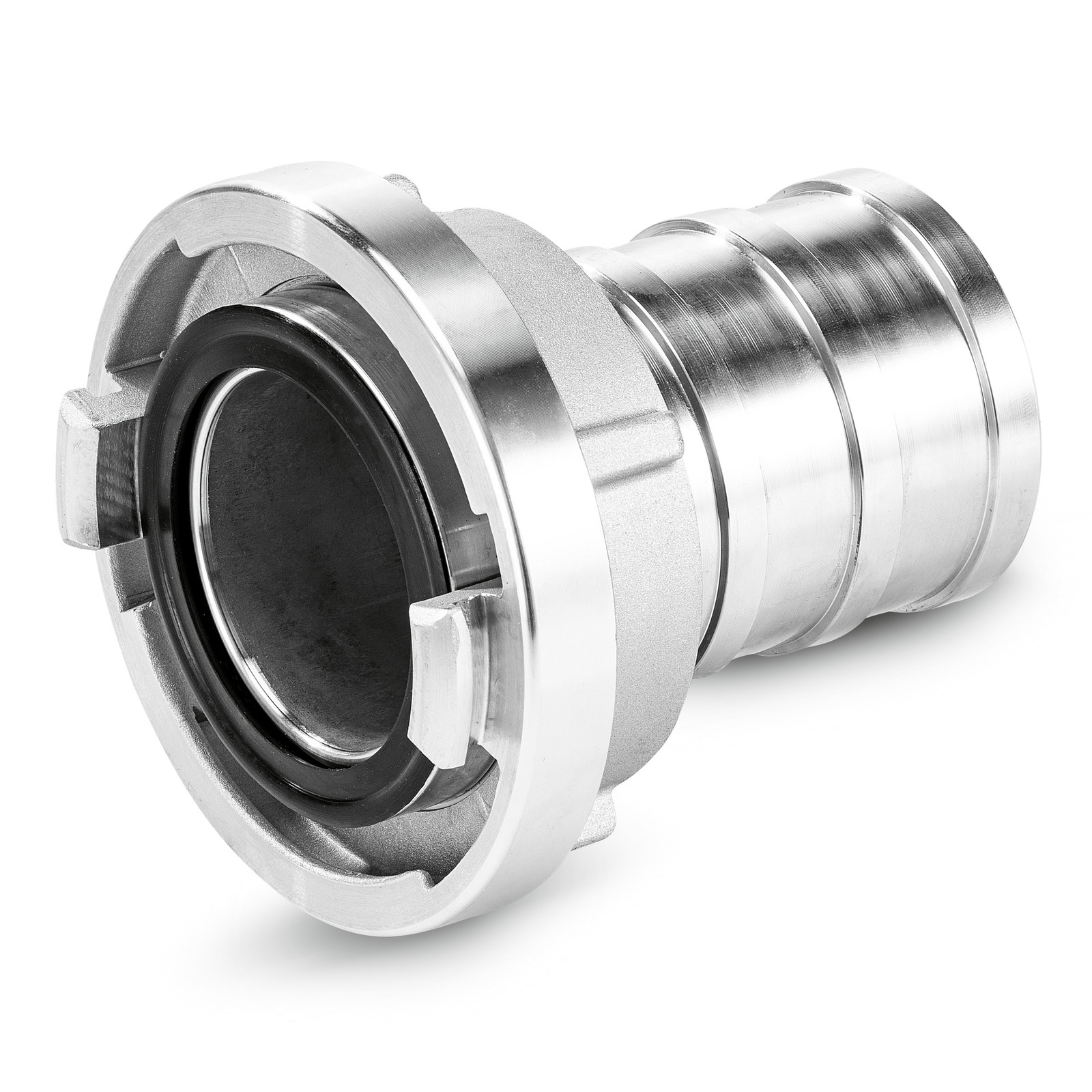 Silver hose connector with a grooved cylindrical design and a locking mechanism on a white background. Silver hose connector with a grooved cylindrical design and a locking mechanism on a white background.