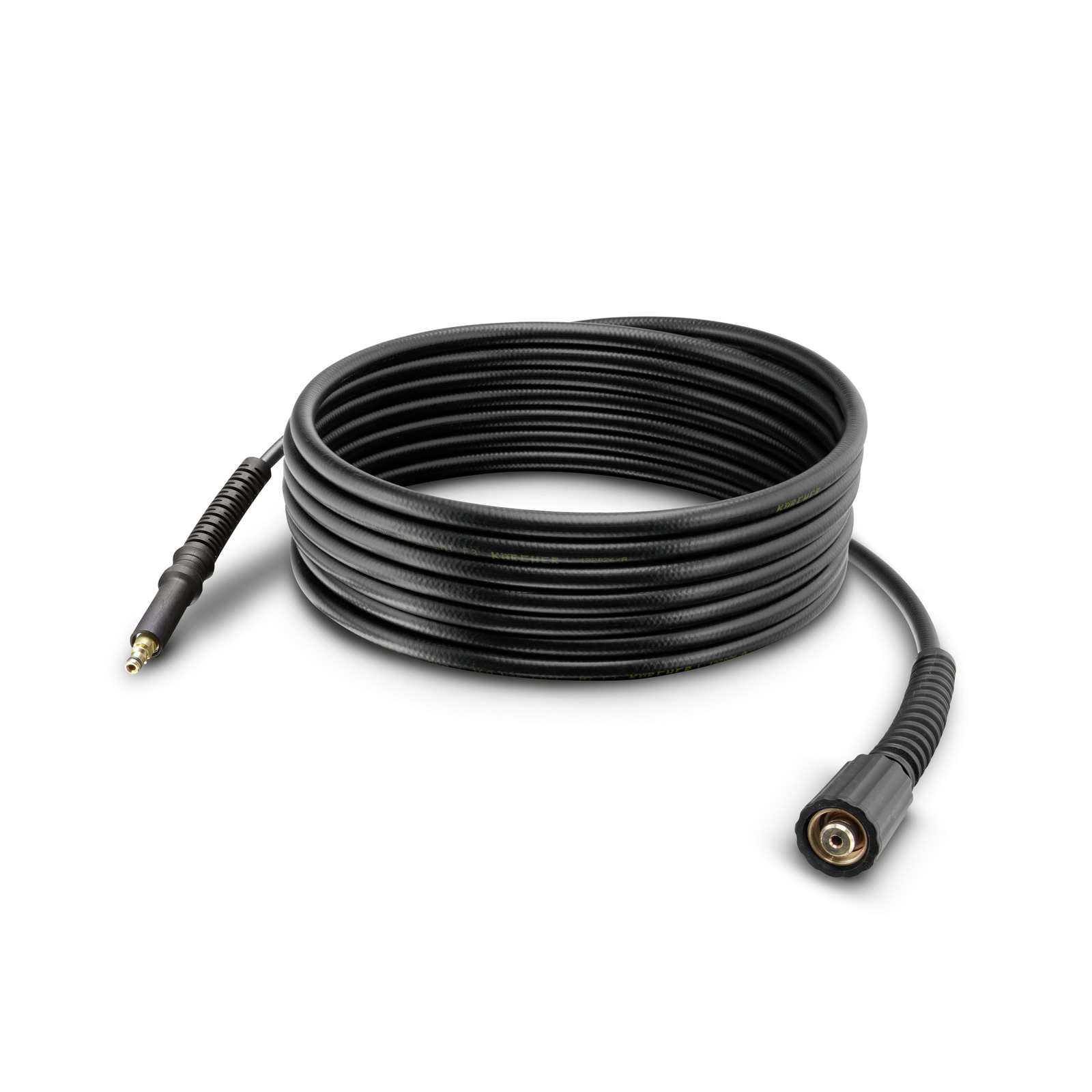 Coiled black Kärcher high-pressure cleaner hose with connectors on each end, placed on a white background. Coiled black Kärcher high-pressure cleaner hose with connectors on each end, placed on a white background.