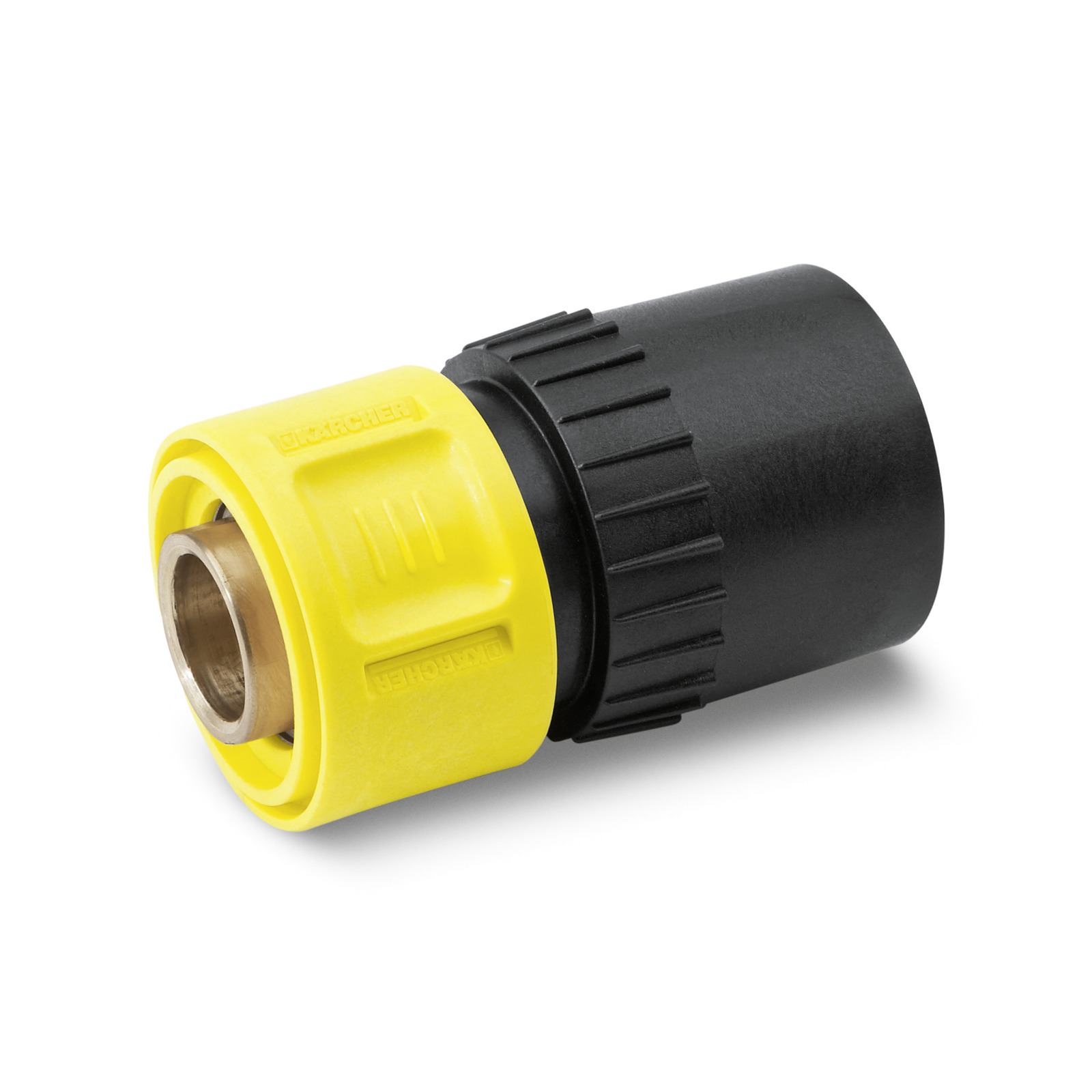 Kärcher hose connector with yellow and black plastic casing, brass interior.