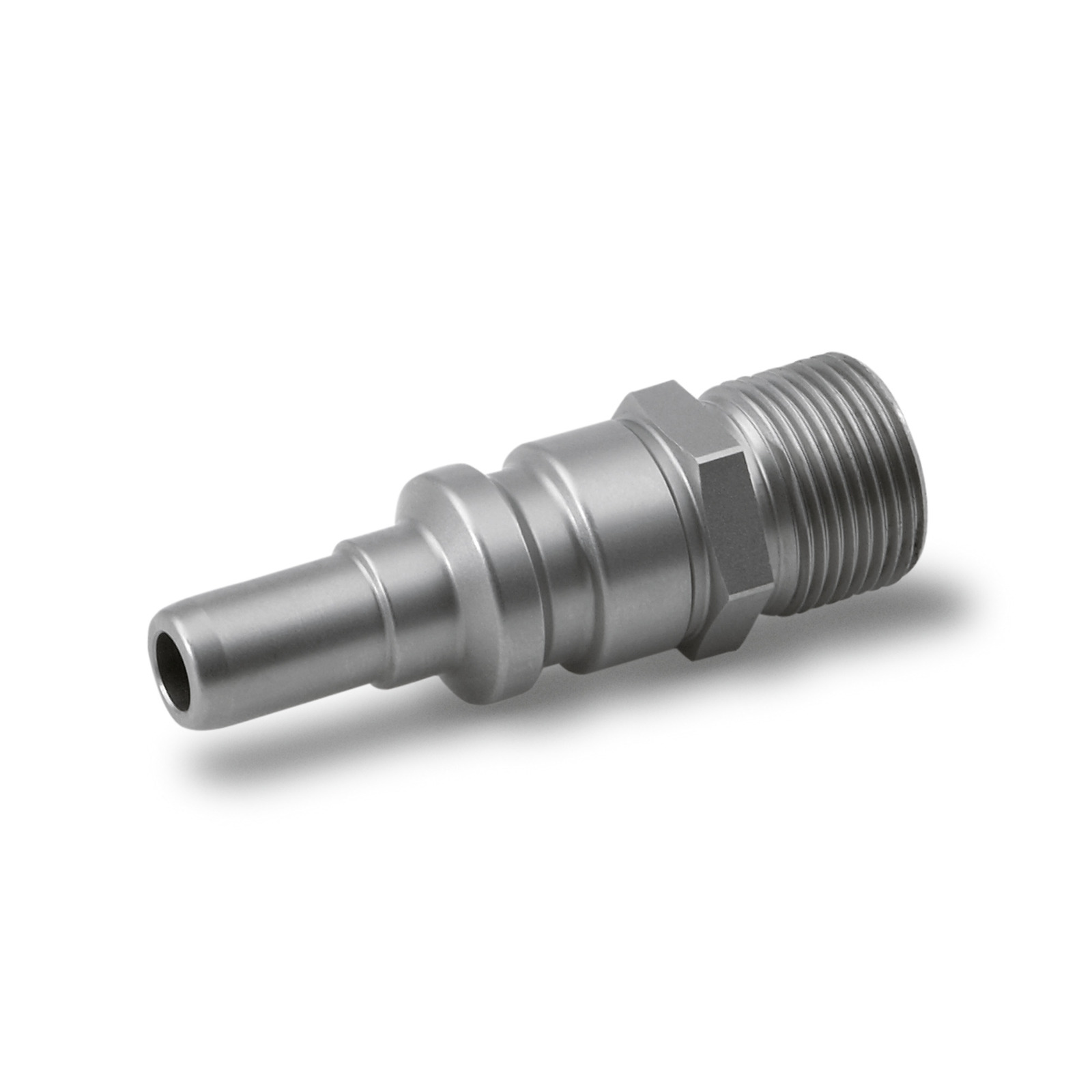 Metal connector with threaded end and smooth cylindrical body, isolated on a white background.