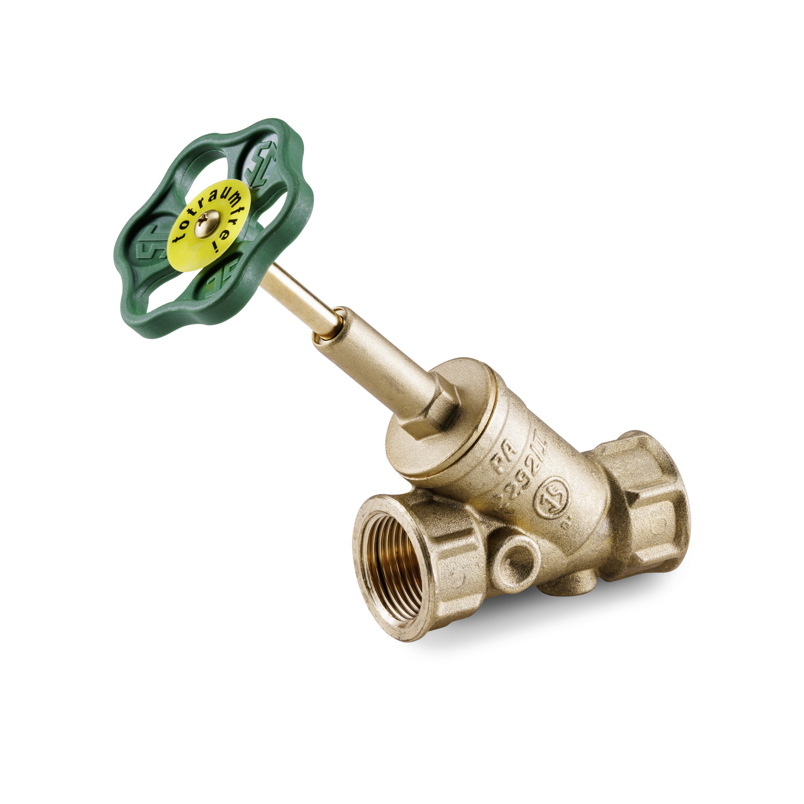 Brass stopcock with a green and yellow handwheel, angled against a white background. Brass stopcock with a green and yellow handwheel, angled against a white background.