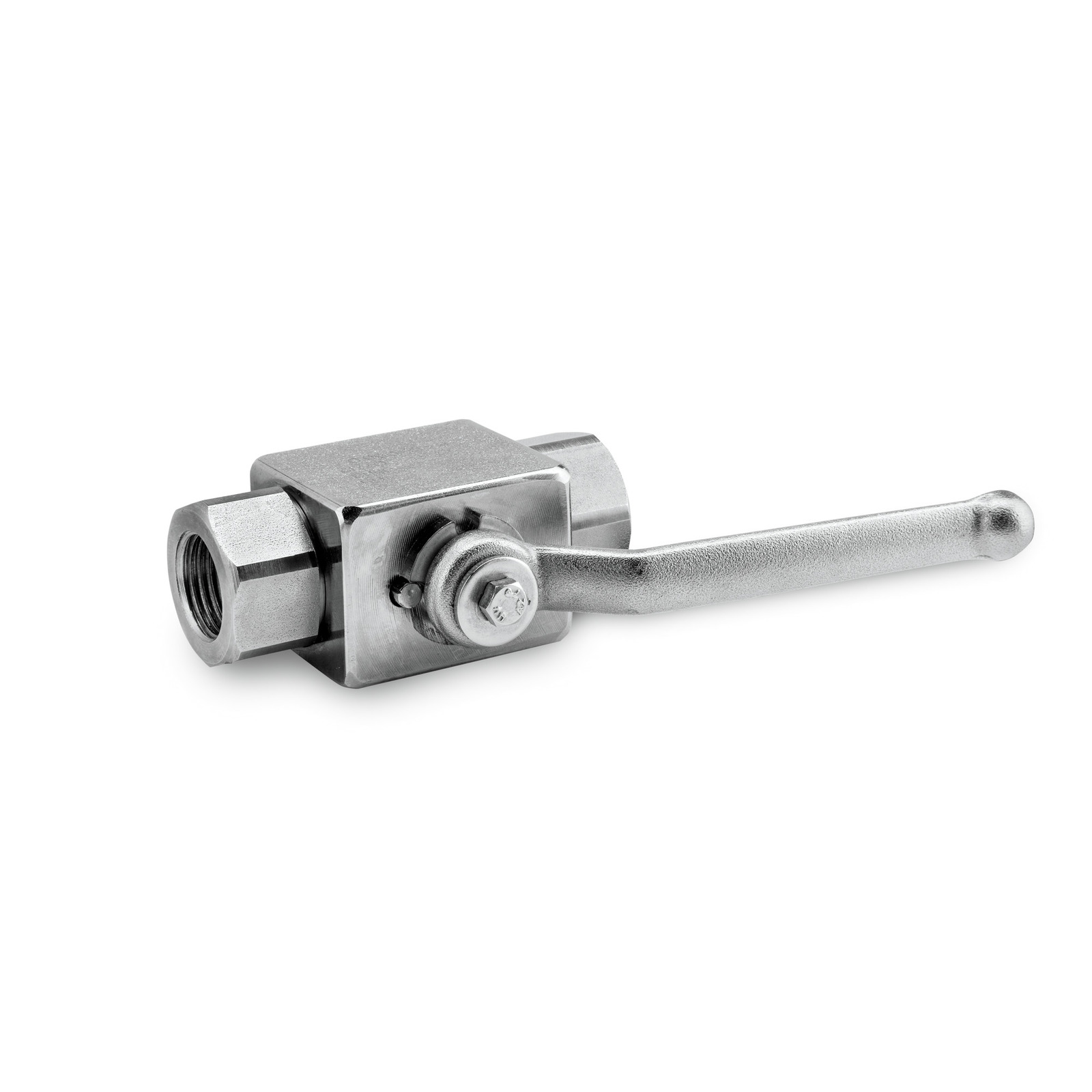 Metal ball valve with a long handle, featuring hexagonal connectors on both ends, isolated on a white background.