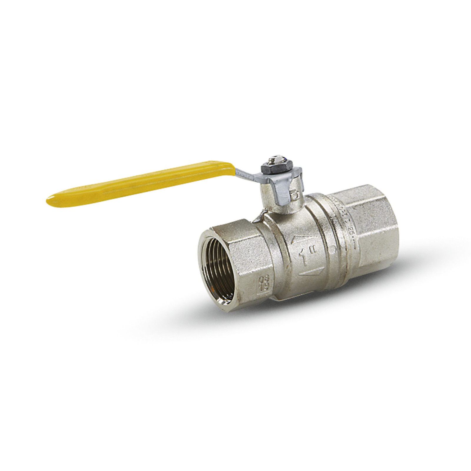 Silver ball valve with a yellow lever handle, featuring threaded ends and arrow markings on the body. Silver ball valve with a yellow lever handle, featuring threaded ends and arrow markings on the body.