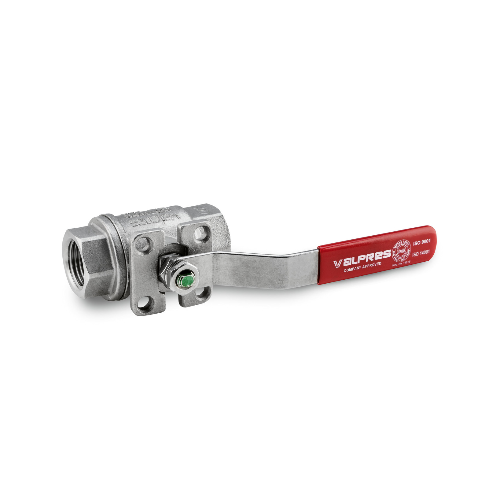 Metal ball valve with a red handle, featuring Valpres branding and ISO certifications. Metal ball valve with a red handle, featuring Valpres branding and ISO certifications.