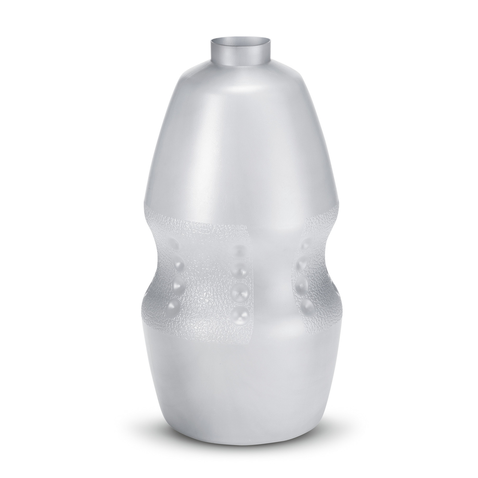Silver metallic vase with textured bands and raised dots, featuring a narrow neck and smooth surface.