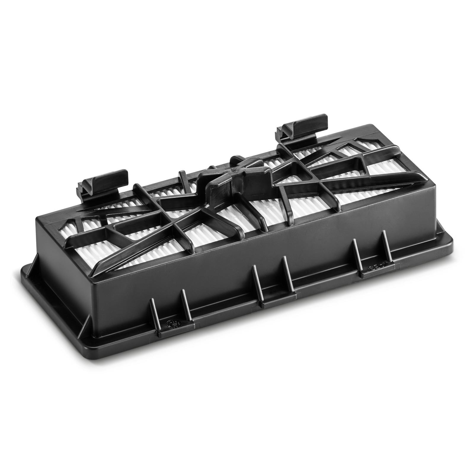 Black rectangular Kärcher filter with a grid pattern on top, resting on a white surface. Black rectangular Kärcher filter with a grid pattern on top, resting on a white surface.