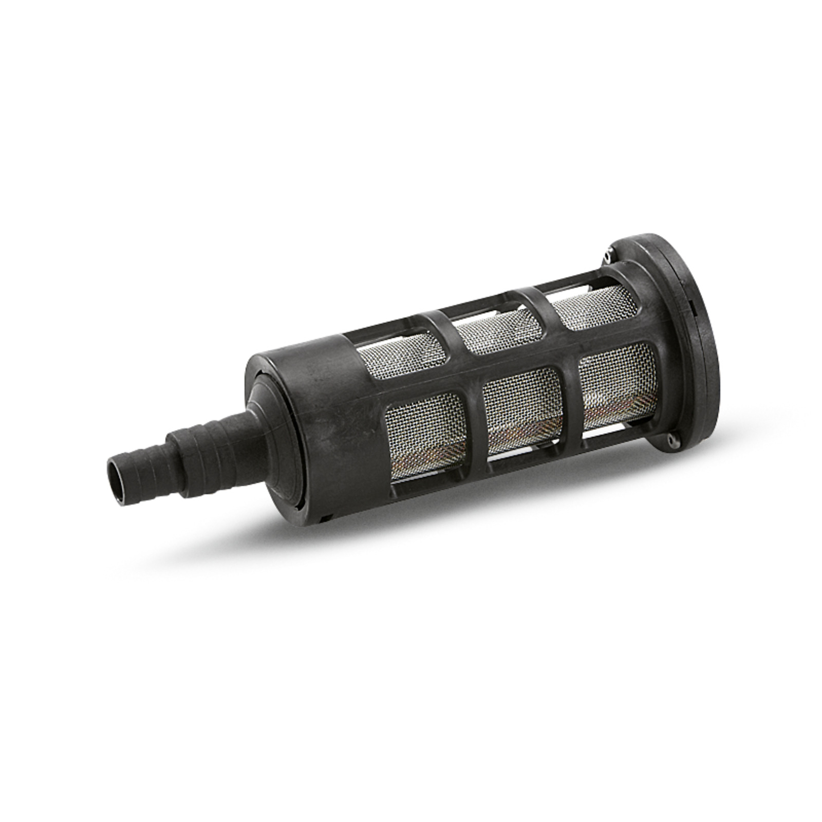 Black Kärcher water filter with mesh casing and hose connector, placed on a white background.