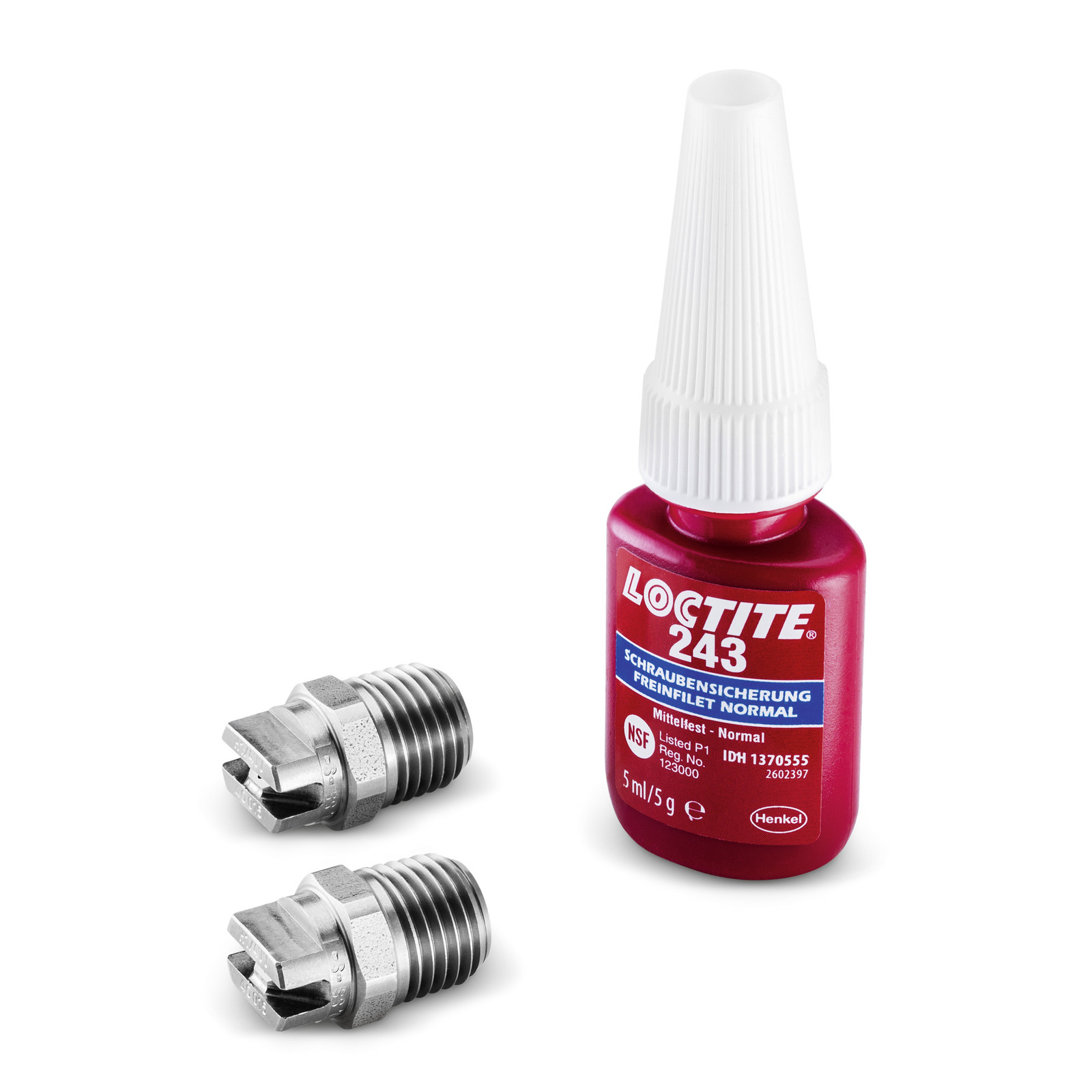 Loctite 243 red bottle with white cap, alongside two metal threaded bolts on a white background. Loctite 243 red bottle with white cap, alongside two metal threaded bolts on a white background.