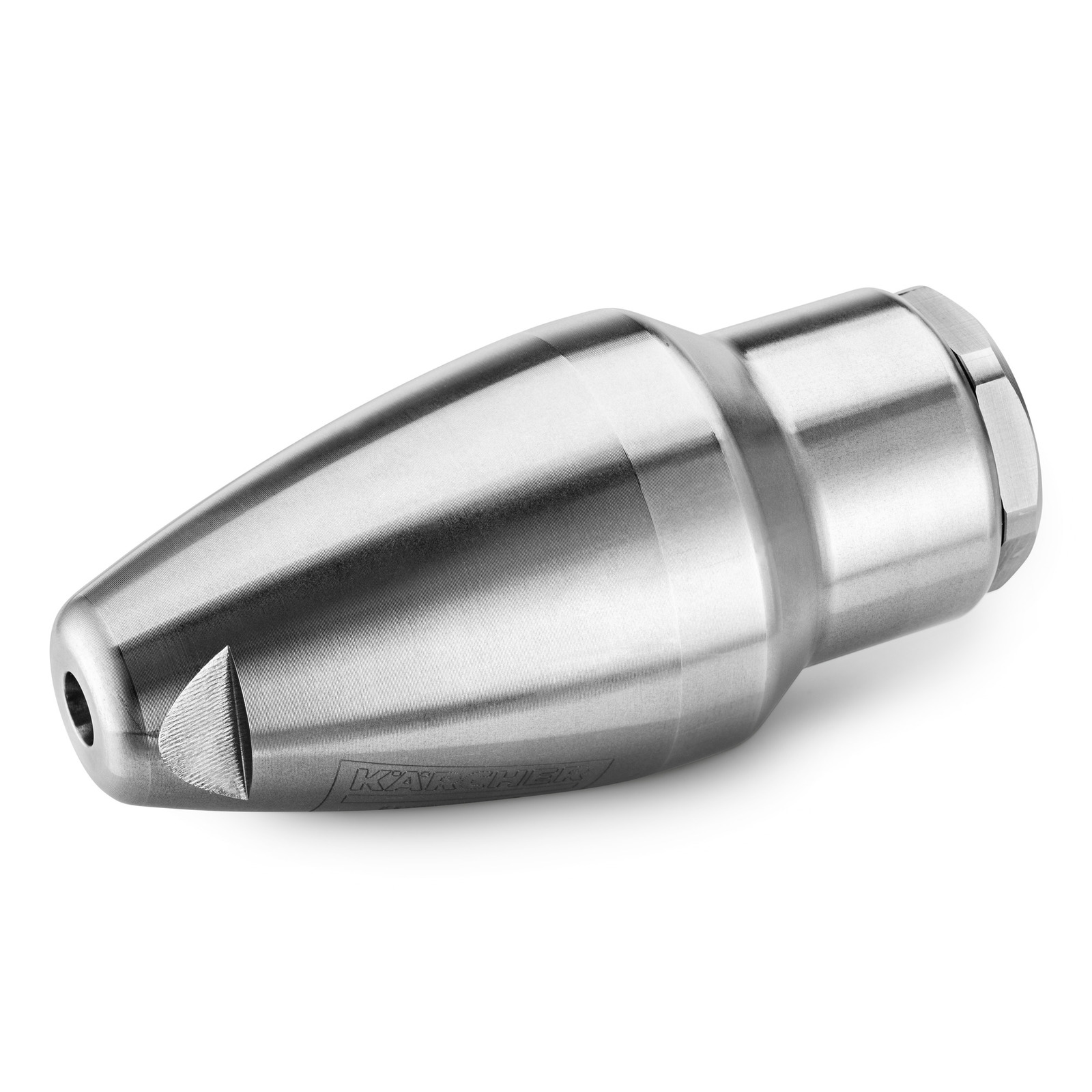Kärcher stainless steel nozzle with a conical shape, featuring a smooth finish and visible brand engraving. Kärcher stainless steel nozzle with a conical shape, featuring a smooth finish and visible brand engraving.