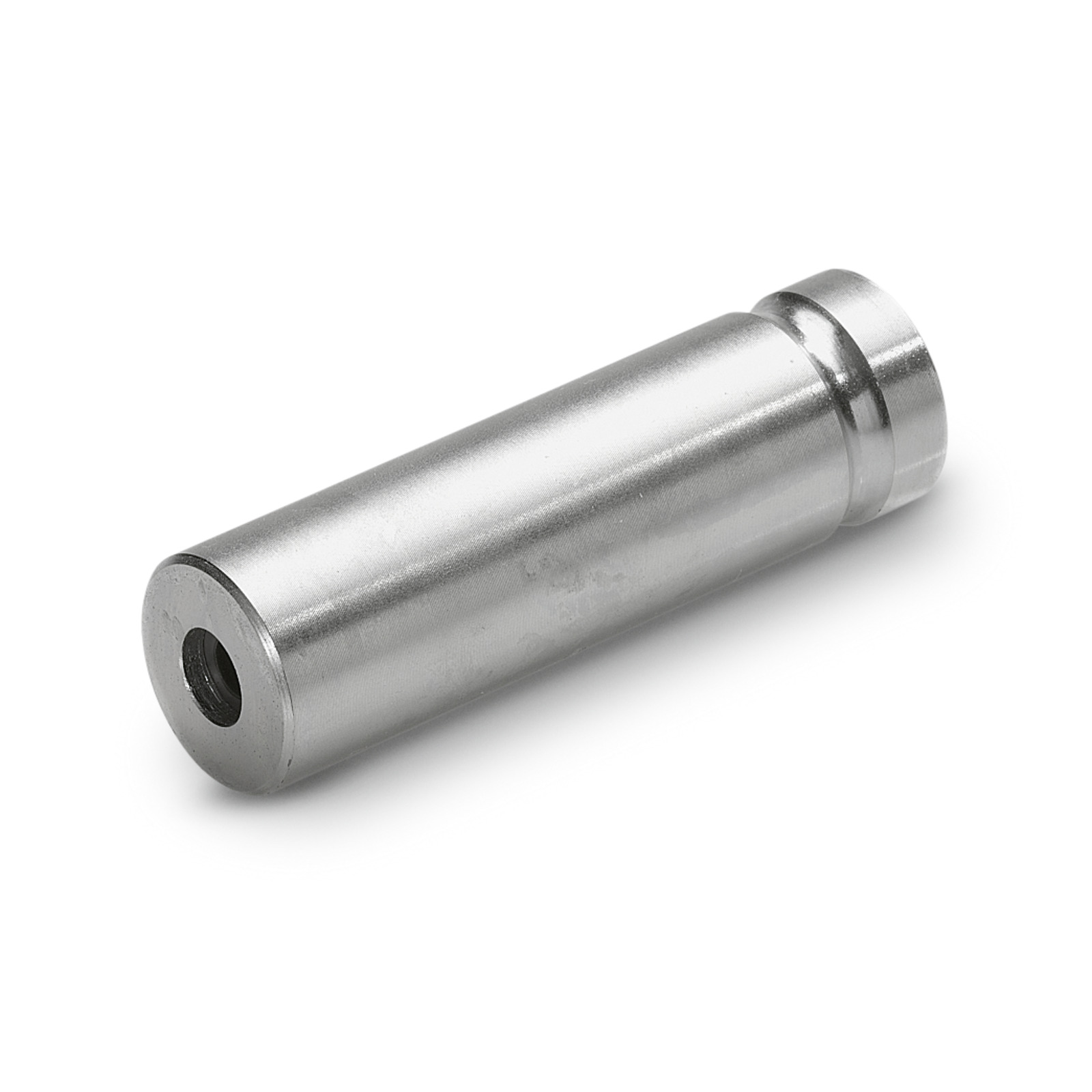 Silver cylindrical metal pin with a small hole at one end, resting on a white surface.