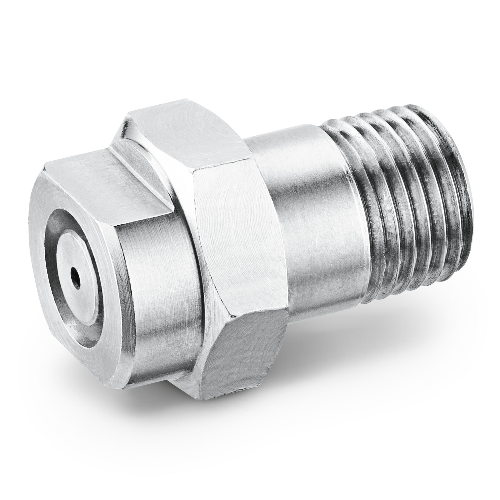 Metal nozzle with hexagonal base and threaded end, designed for high-pressure applications. Metal nozzle with hexagonal base and threaded end, designed for high-pressure applications.