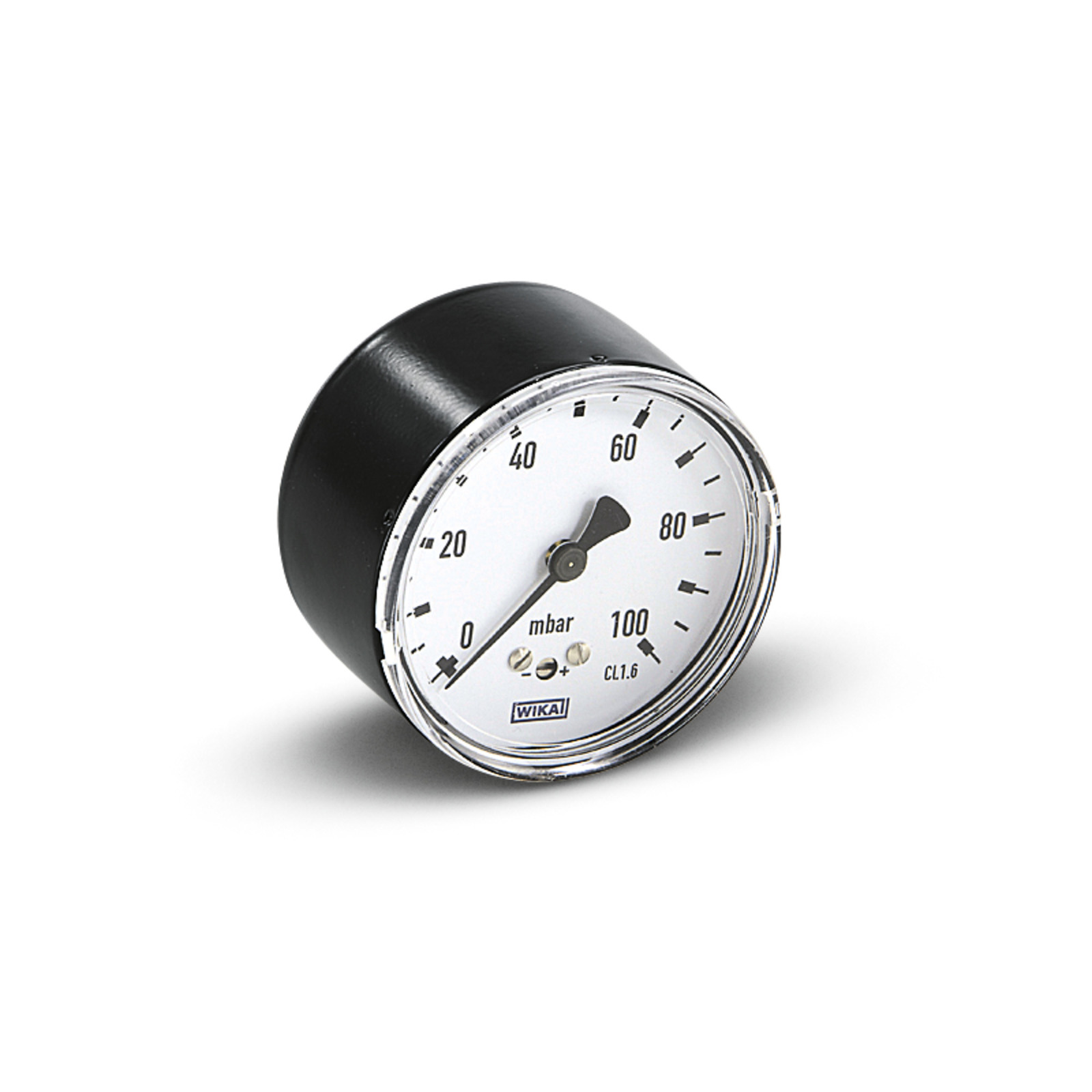 Black and white WIKA pressure gauge showing measurements from 0 to 100 mbar, with a needle pointing at 0. Black and white WIKA pressure gauge showing measurements from 0 to 100 mbar, with a needle pointing at 0.