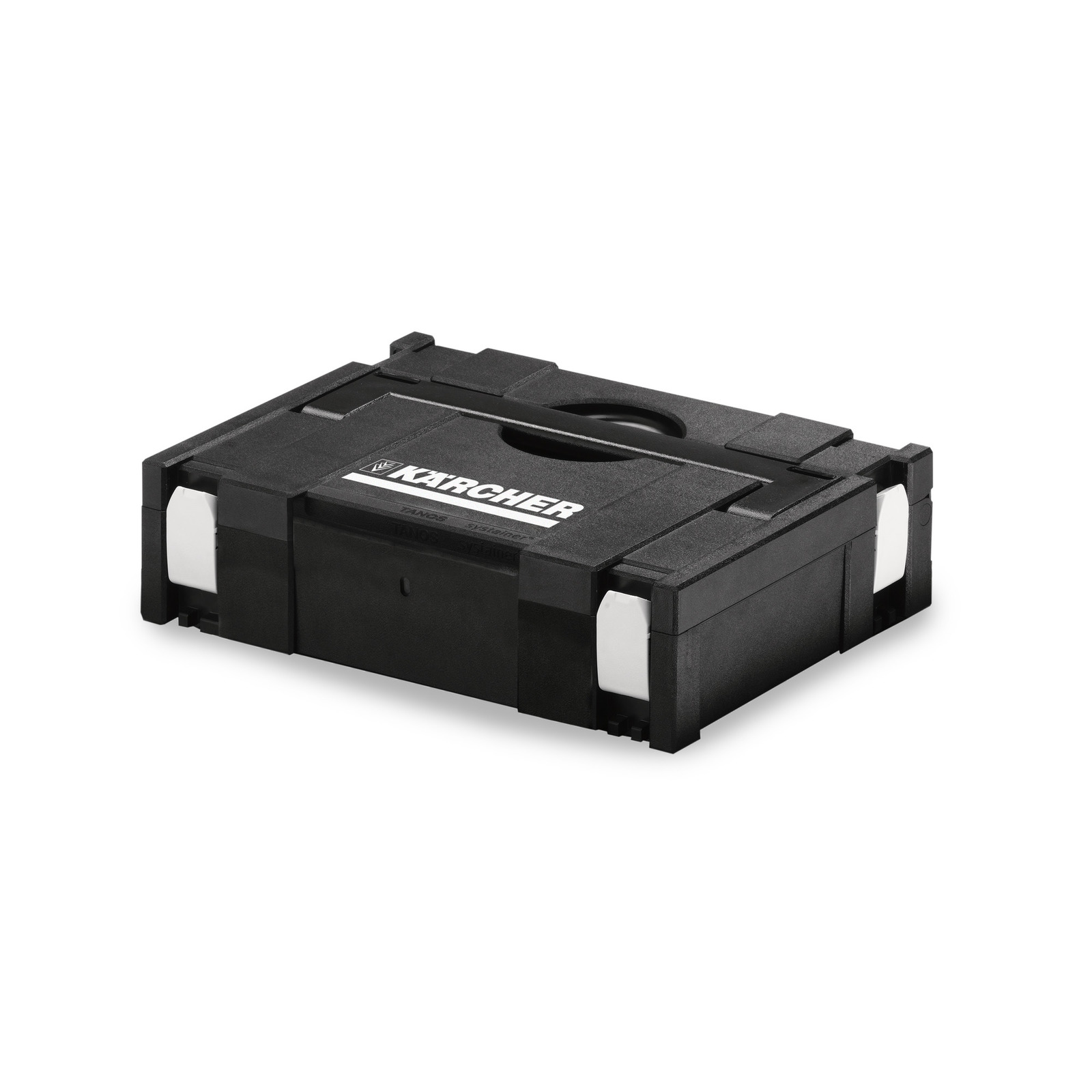Black Kärcher storage box with white side clips, featuring a handle on top and Kärcher branding on the lid.
