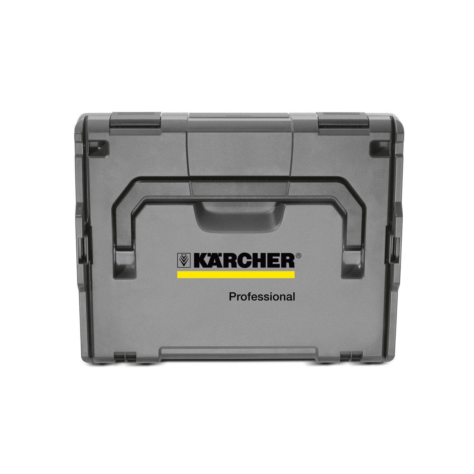 Grey Kärcher Professional tool case with handle and logo on the front. Grey Kärcher Professional tool case with handle and logo on the front.