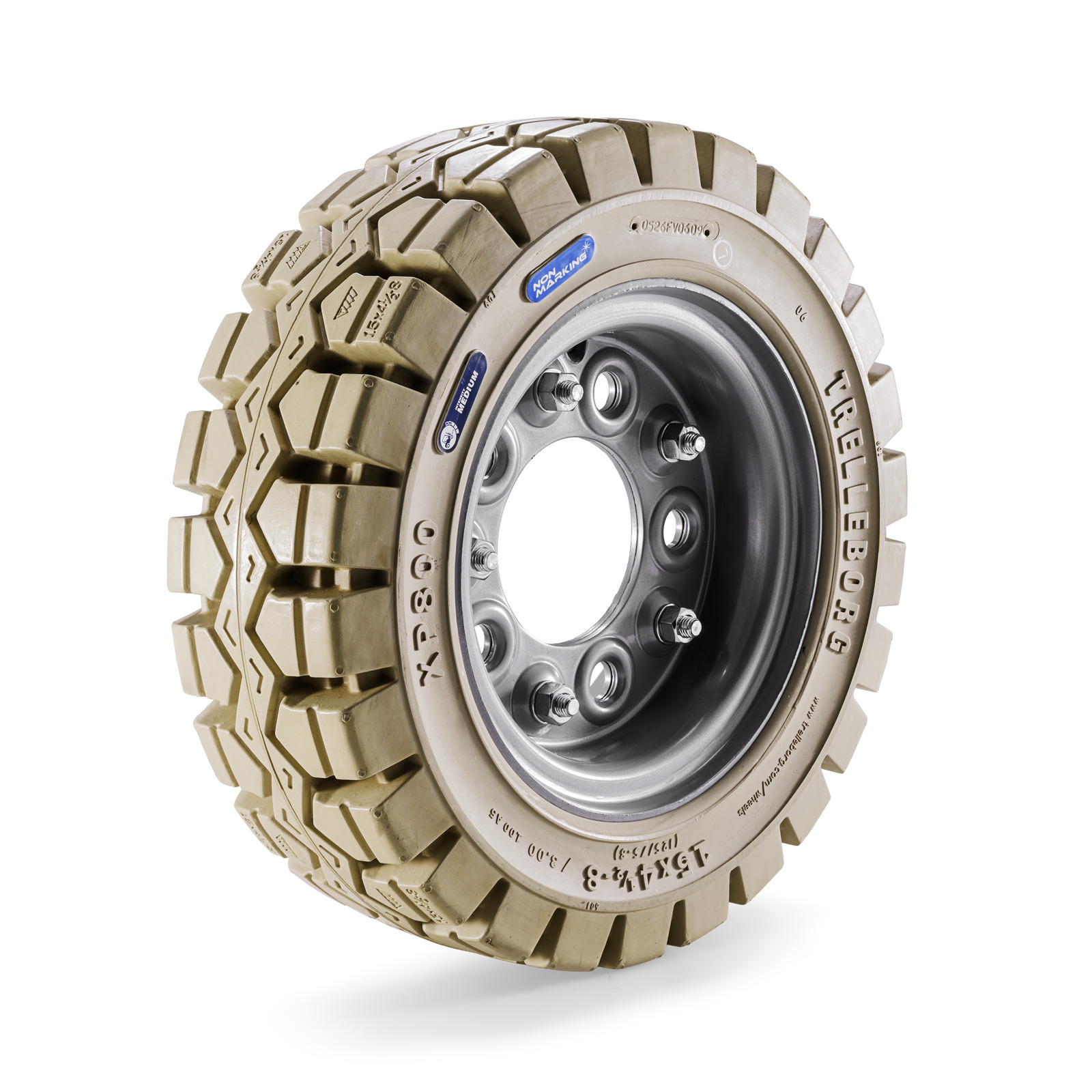Beige Trelleborg industrial tyre with a silver rim, featuring a deep block tread pattern, presented on a white background. Beige Trelleborg industrial tyre with a silver rim, featuring a deep block tread pattern, presented on a white background.