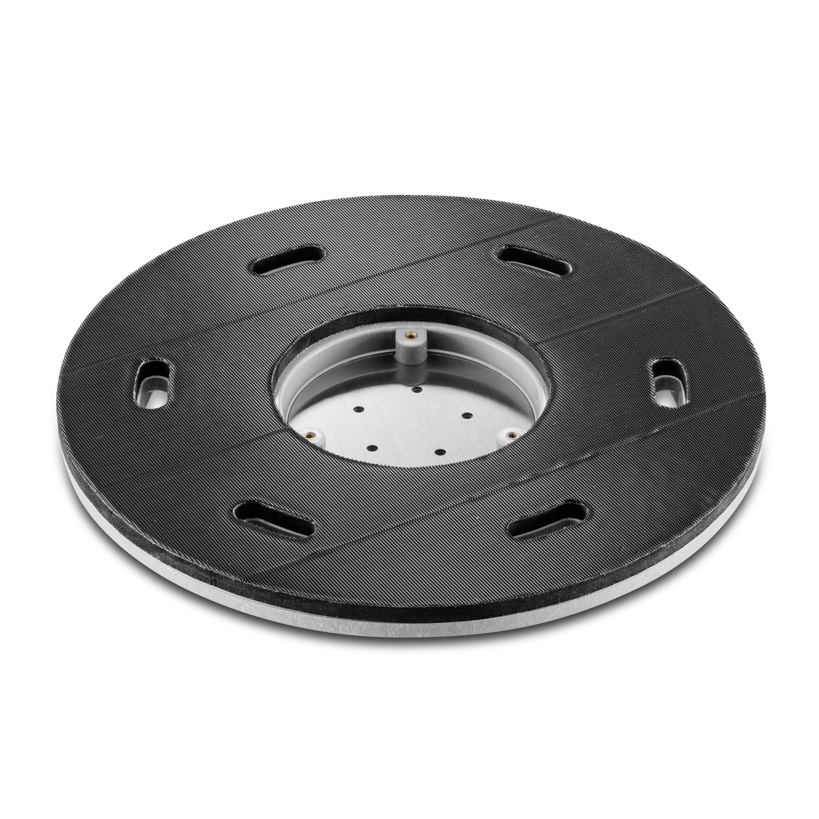 Round Kärcher cleaning disc, black with a silver base and central opening, featuring elongated slots on the top surface, against a plain white background.