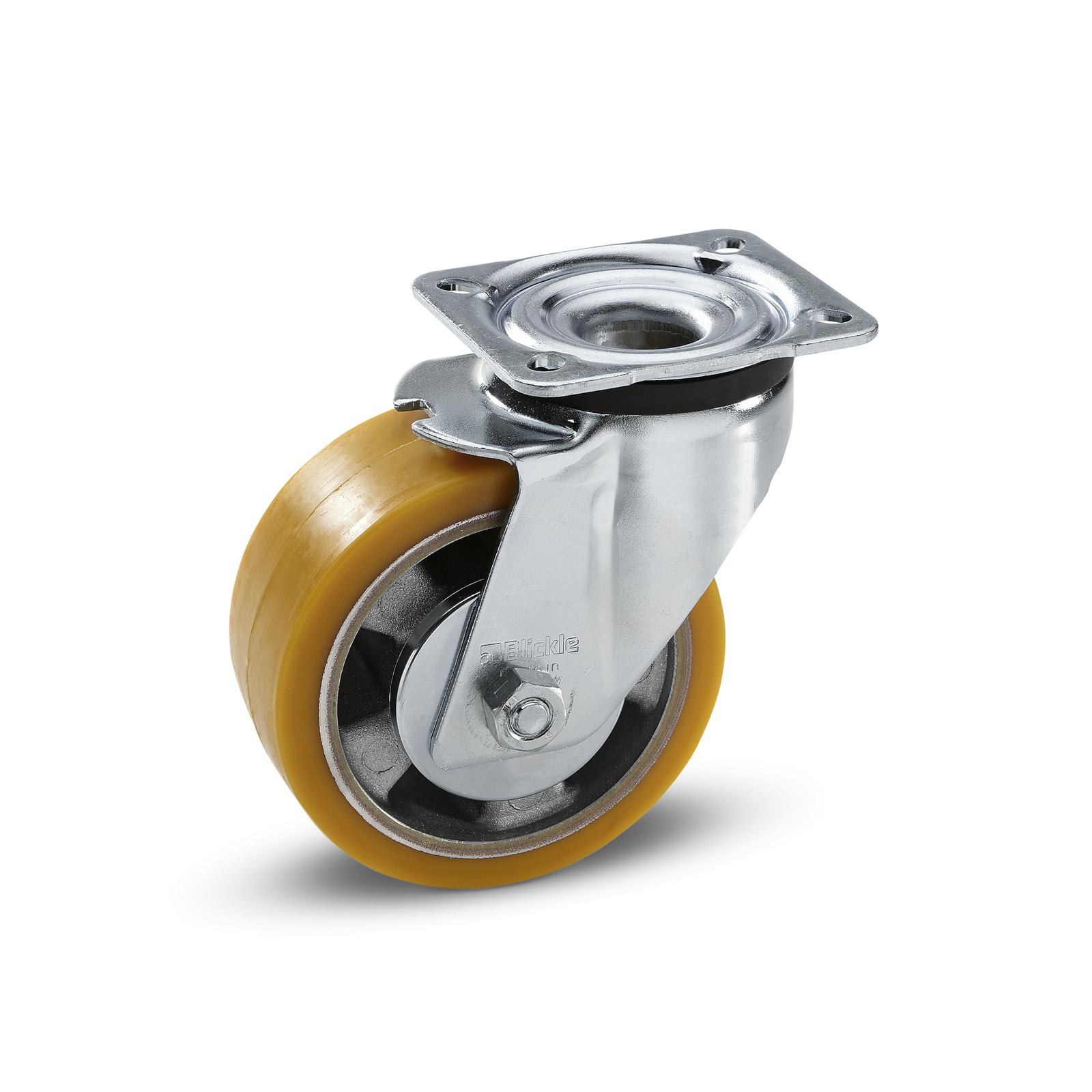 A swivel caster wheel with a yellow rubber tyre and a silver metal bracket, designed for mounting on equipment. A swivel caster wheel with a yellow rubber tyre and a silver metal bracket, designed for mounting on equipment.
