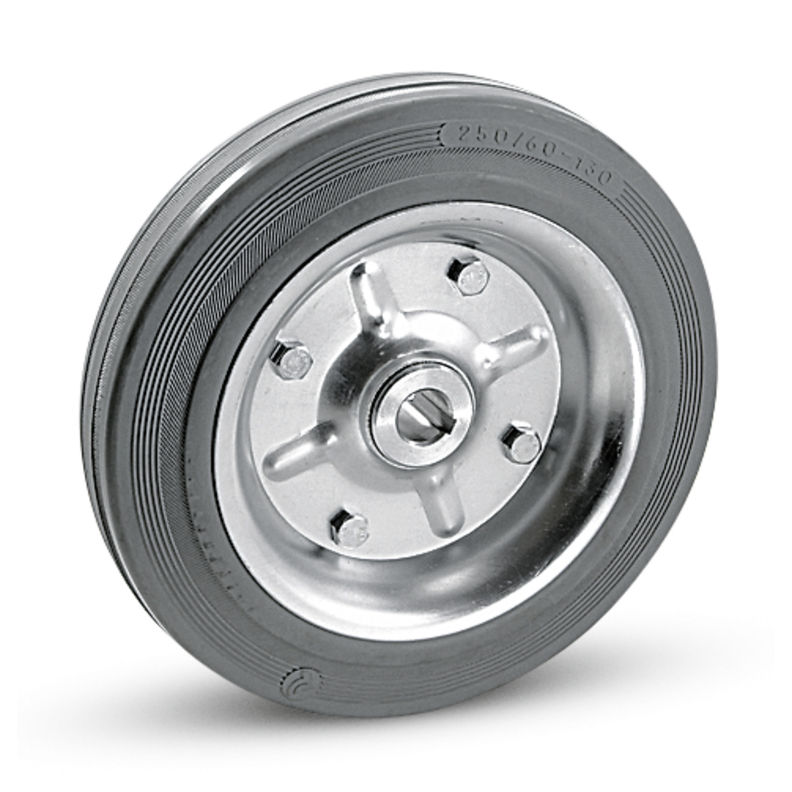 Silver metal wheel with a central hub and five spokes, surrounded by a grooved black rubber tyre.