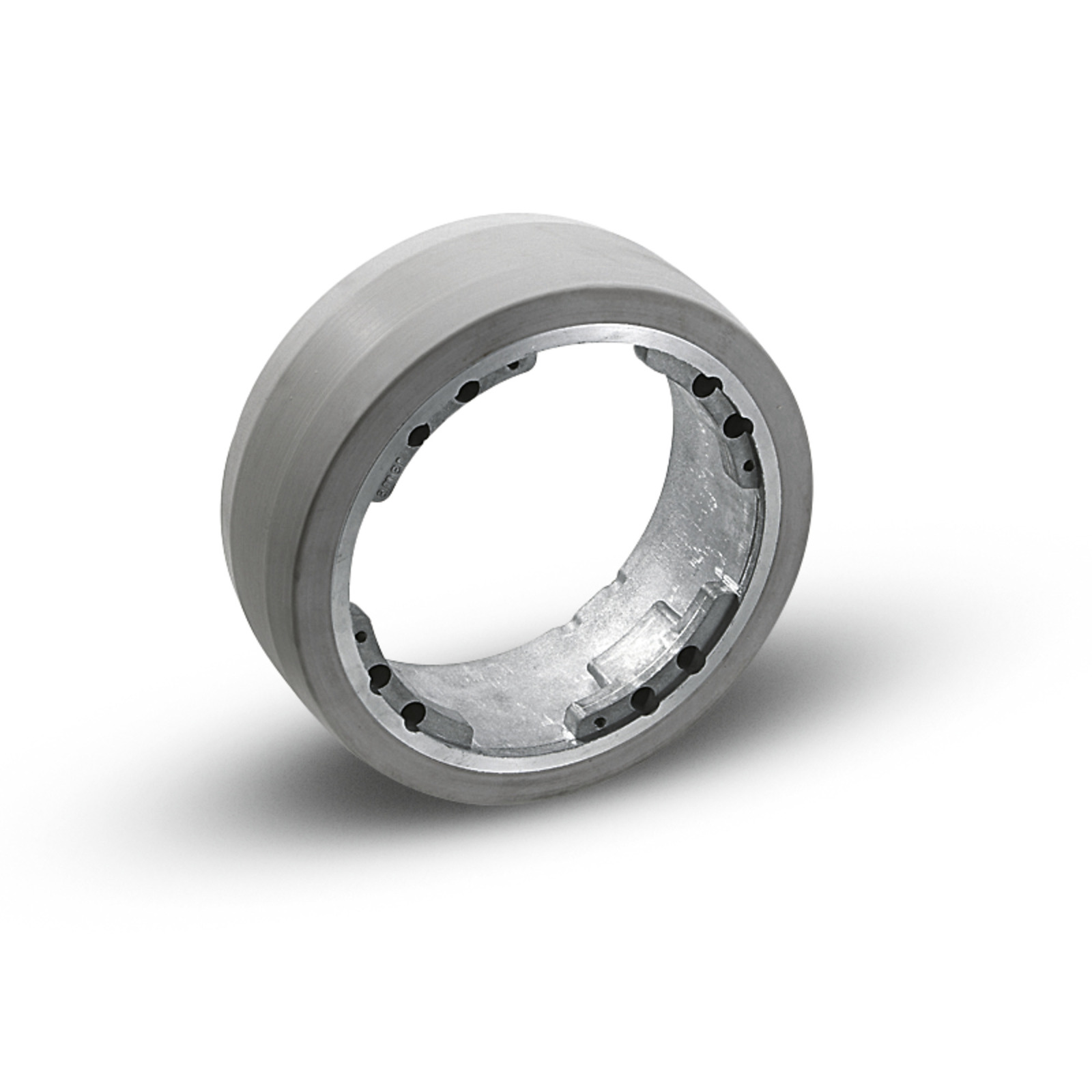 Grey cylindrical metal ring with multiple holes on the inner surface, resting on a white background.