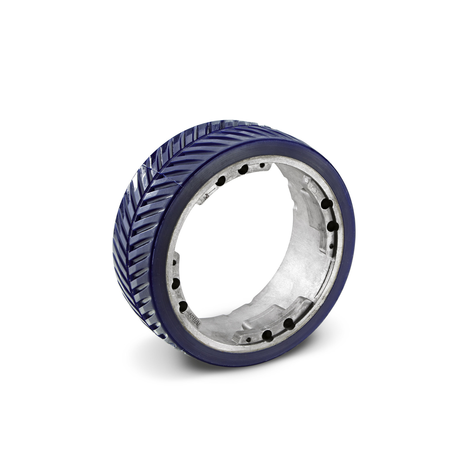 Blue rubber wheel with diagonal tread pattern and metallic inner rim, isolated on a white background.