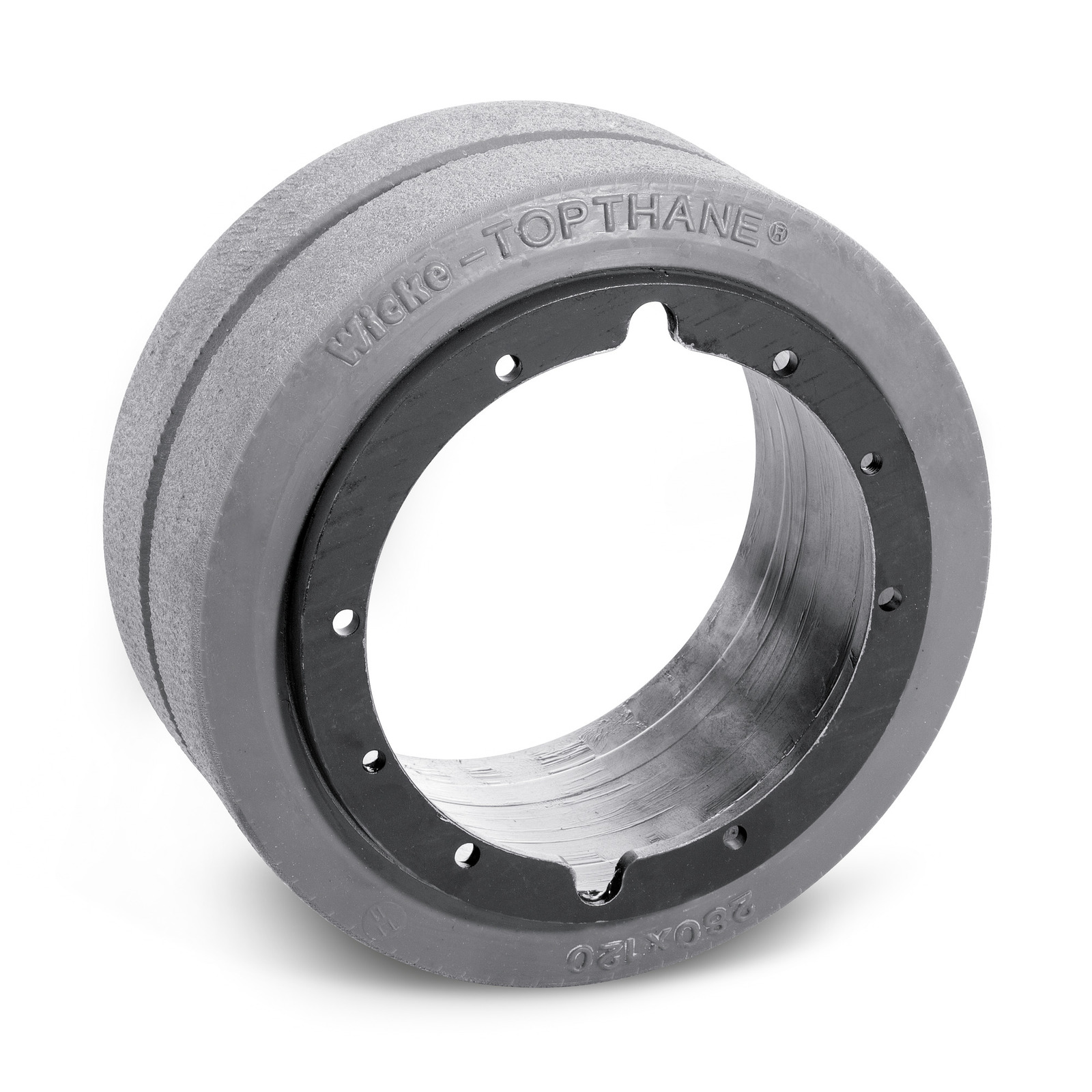 Grey polyurethane wheel with "Wicke-TOPTHANE" branding, featuring a smooth outer surface and a hollow centre with bolt holes.