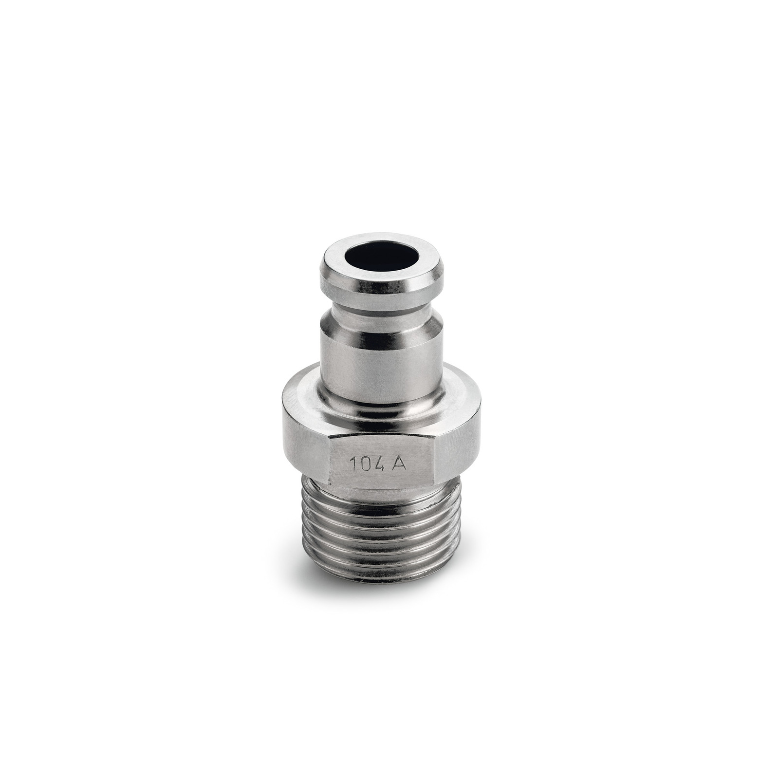 Metal hose connector with threaded end, marked "104 A," against a white background. Metal hose connector with threaded end, marked "104 A," against a white background.