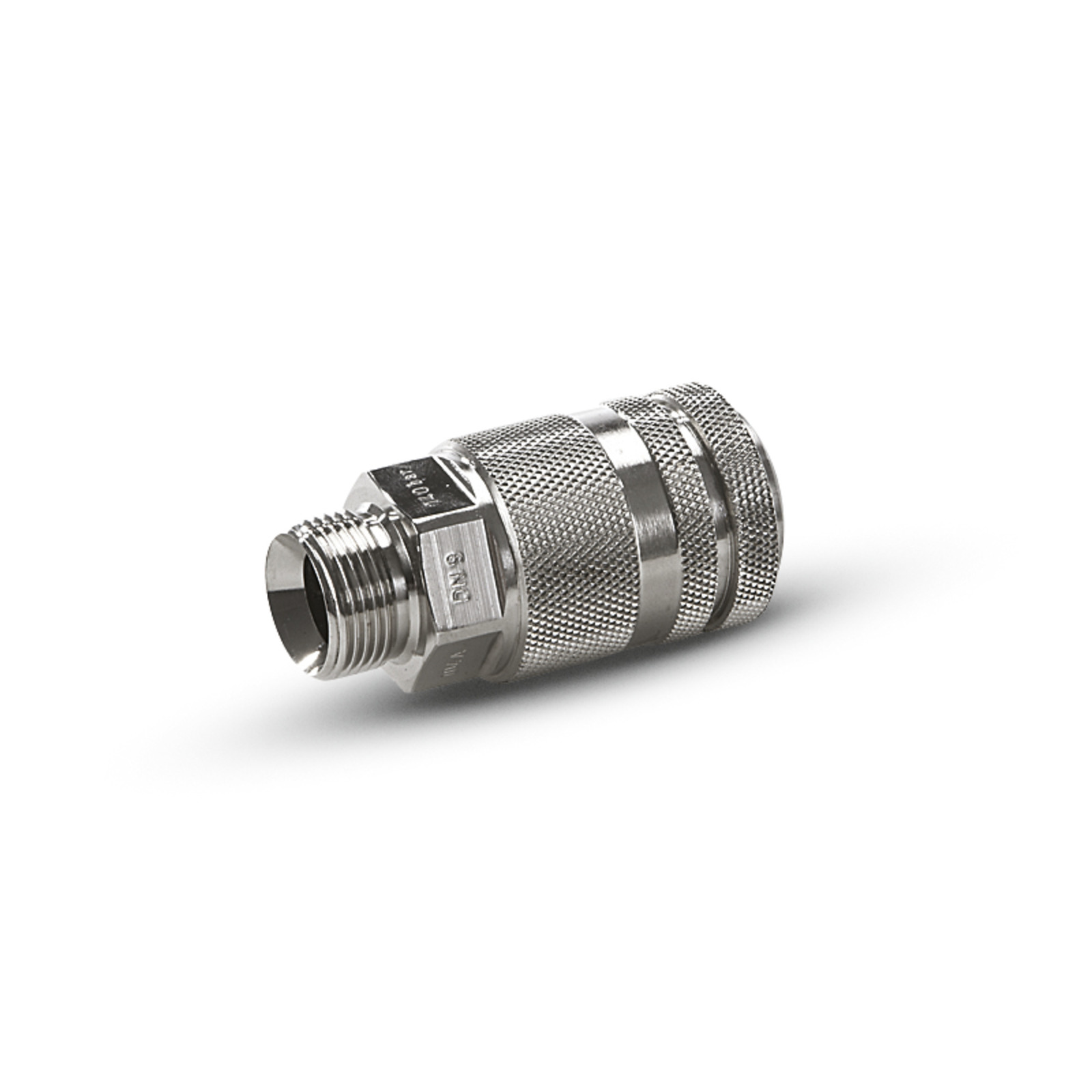 Metallic quick-connect coupling with threaded end, featuring a textured grip and cylindrical shape, set against a plain white background.