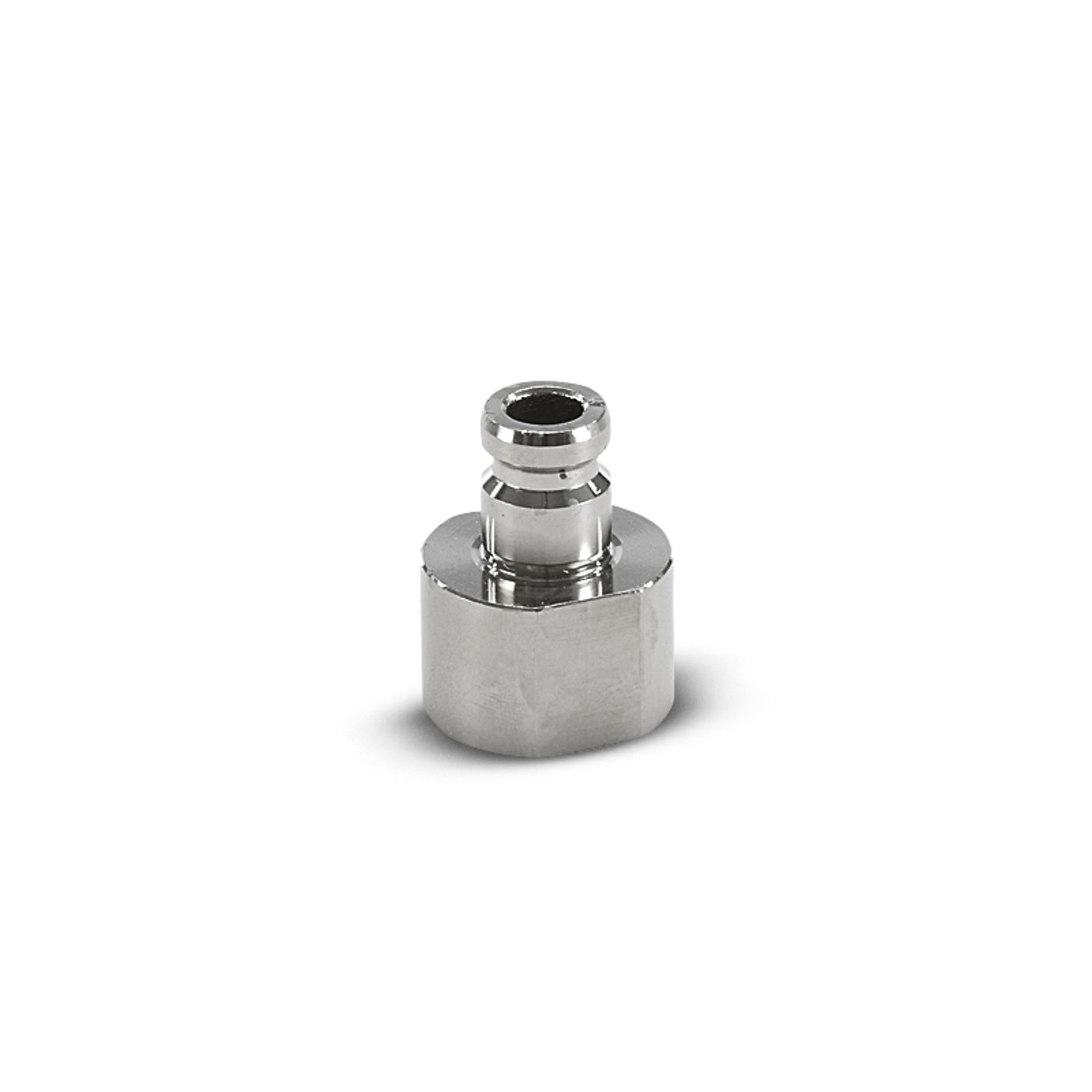 Silver metal adapter with a cylindrical top and hexagonal base, isolated on a white background.