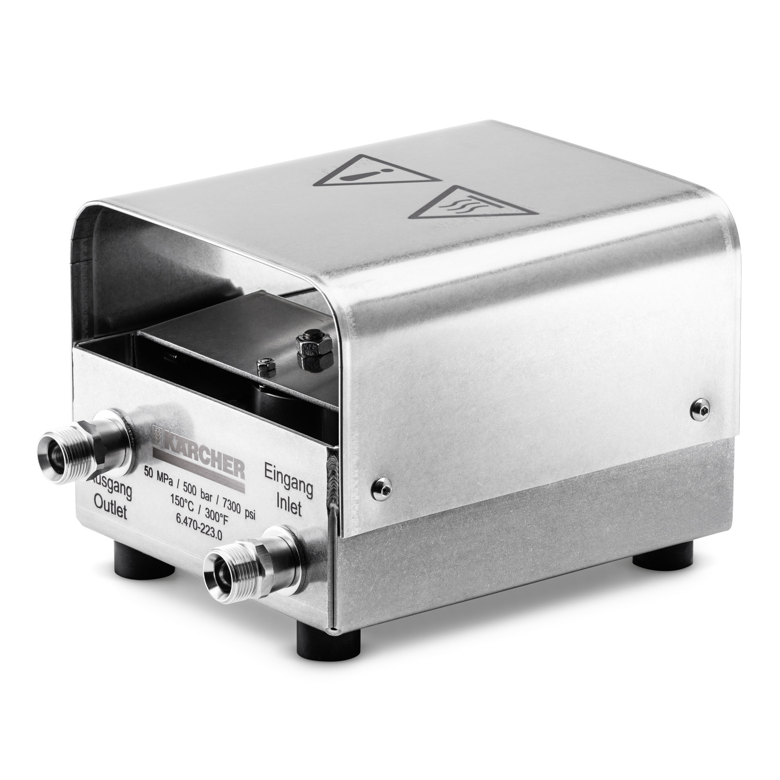 Kärcher high-pressure cleaner component with inlet and outlet connections, metallic casing, and warning symbols on top.