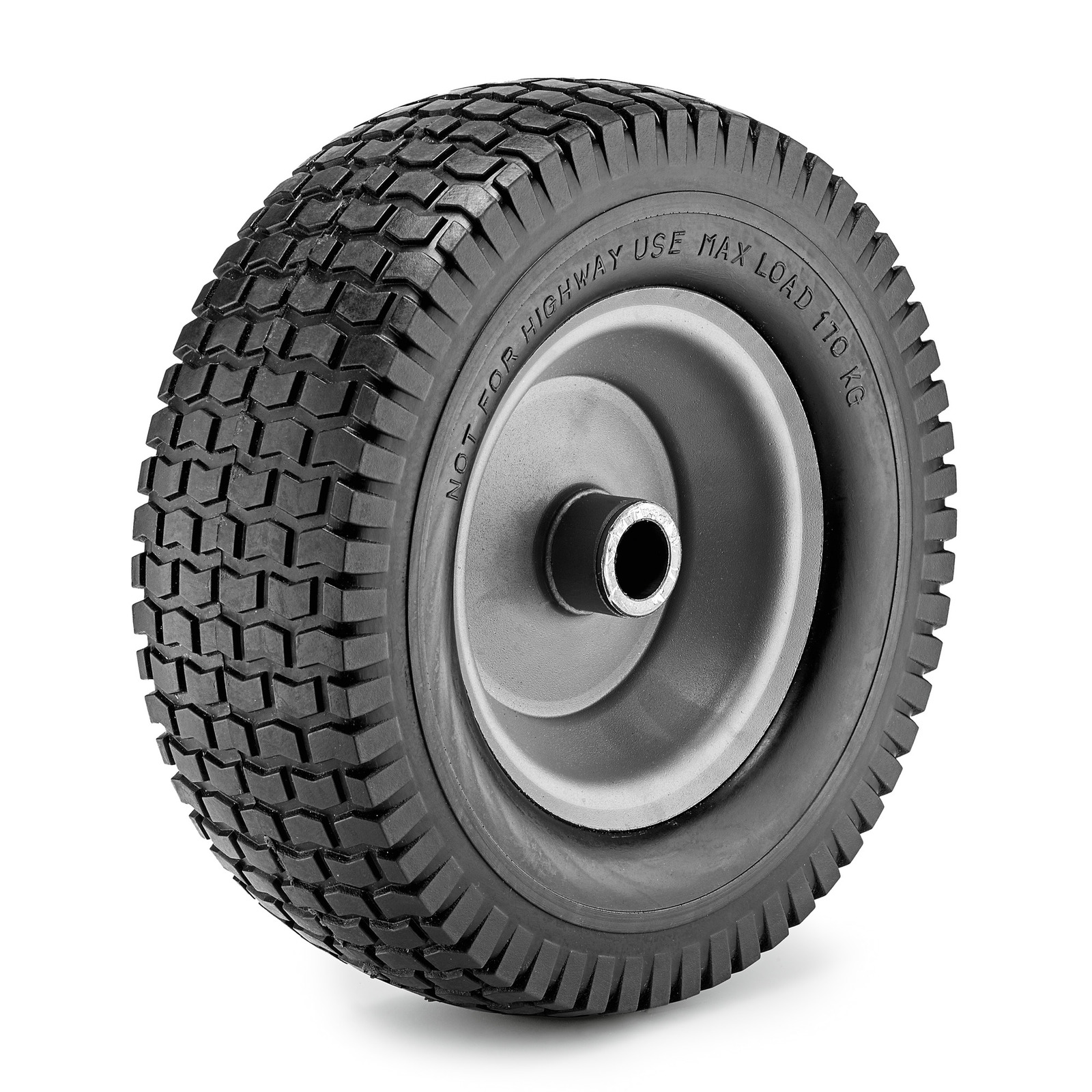 Black rubber wheel with textured tread pattern and metal hub, marked "Not for highway use, max load 110 kg." Black rubber wheel with textured tread pattern and metal hub, marked "Not for highway use, max load 110 kg."