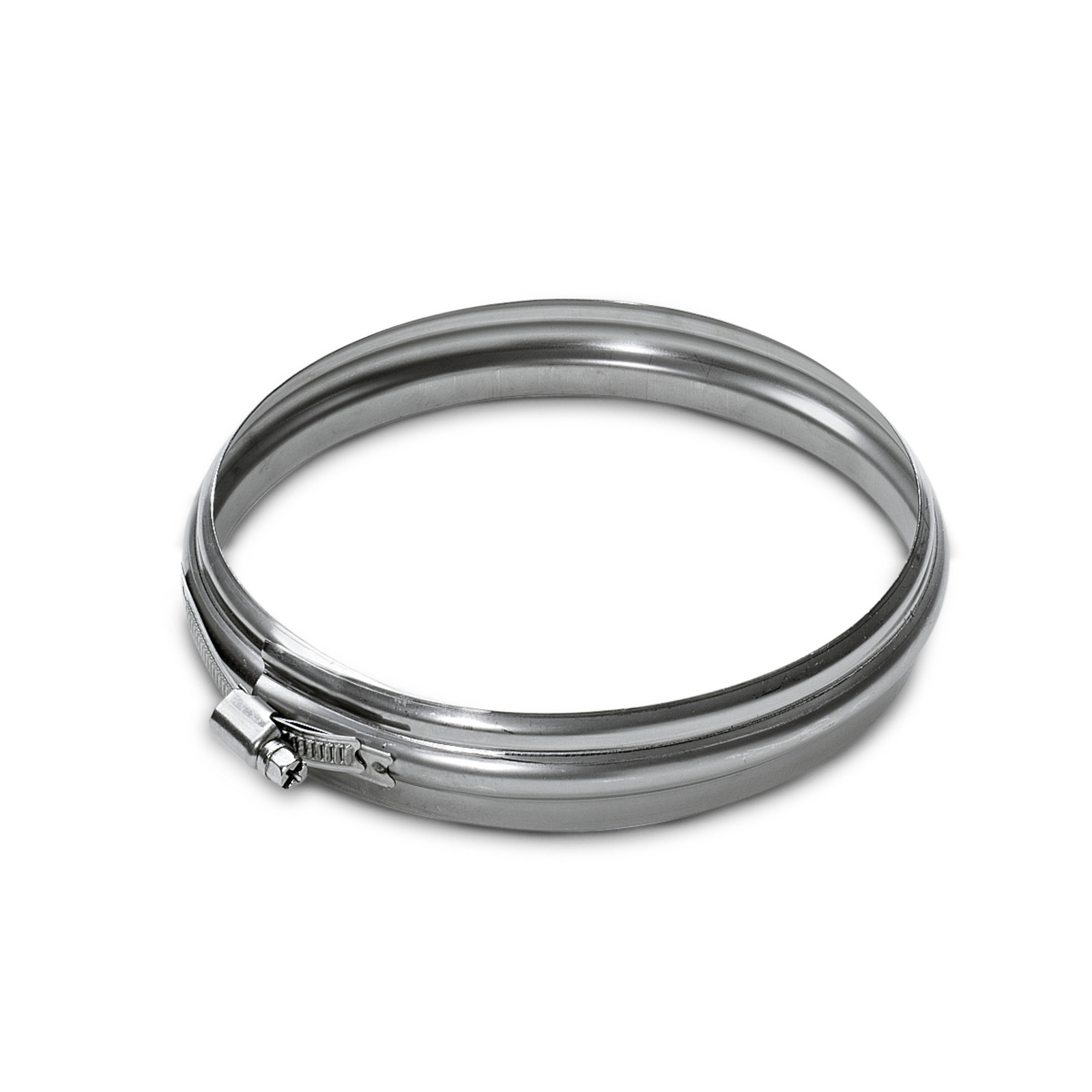Silver metal hose clamp with a screw mechanism, displayed on a white background.