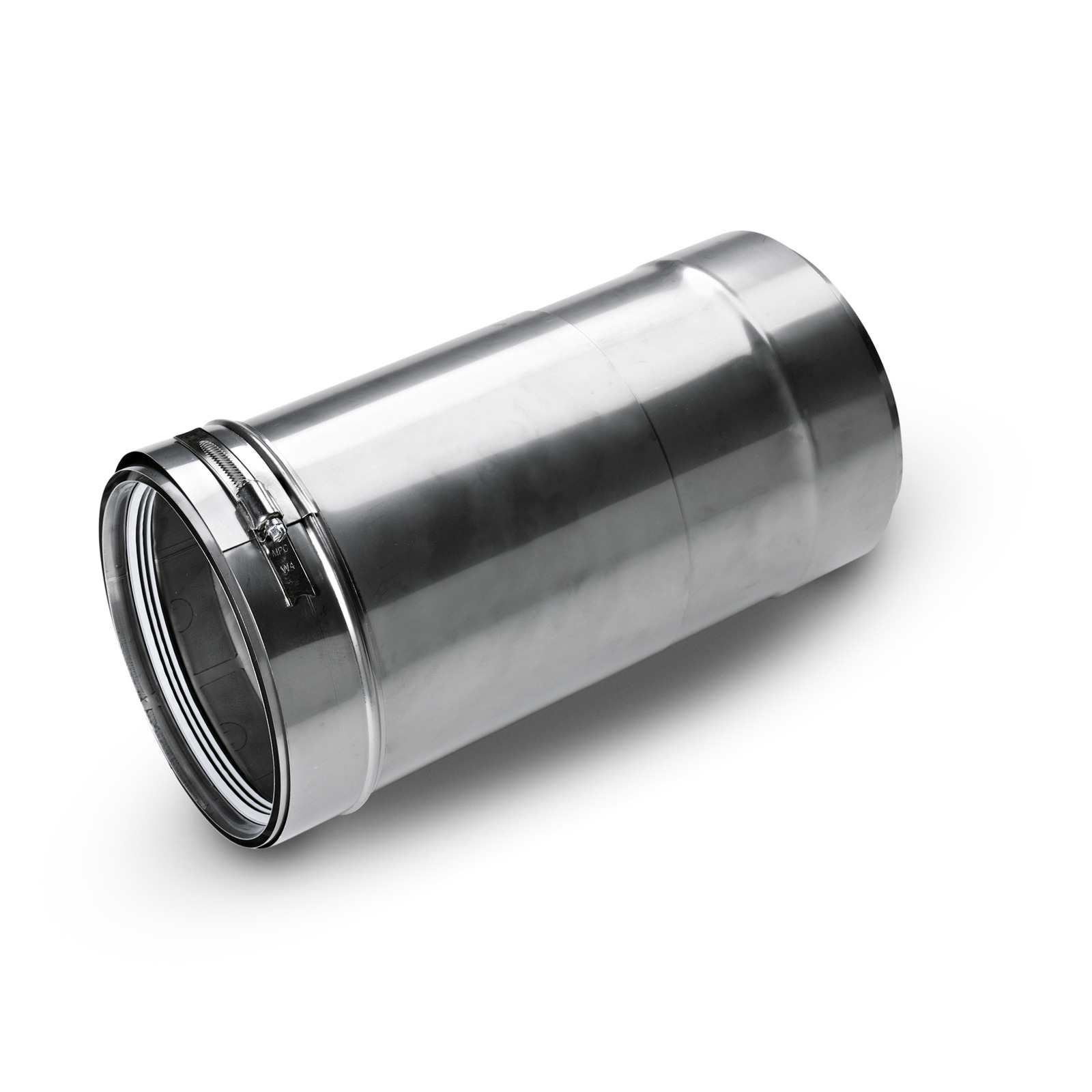 Stainless steel cylindrical pipe with clamp, isolated on a white background. Stainless steel cylindrical pipe with clamp, isolated on a white background.