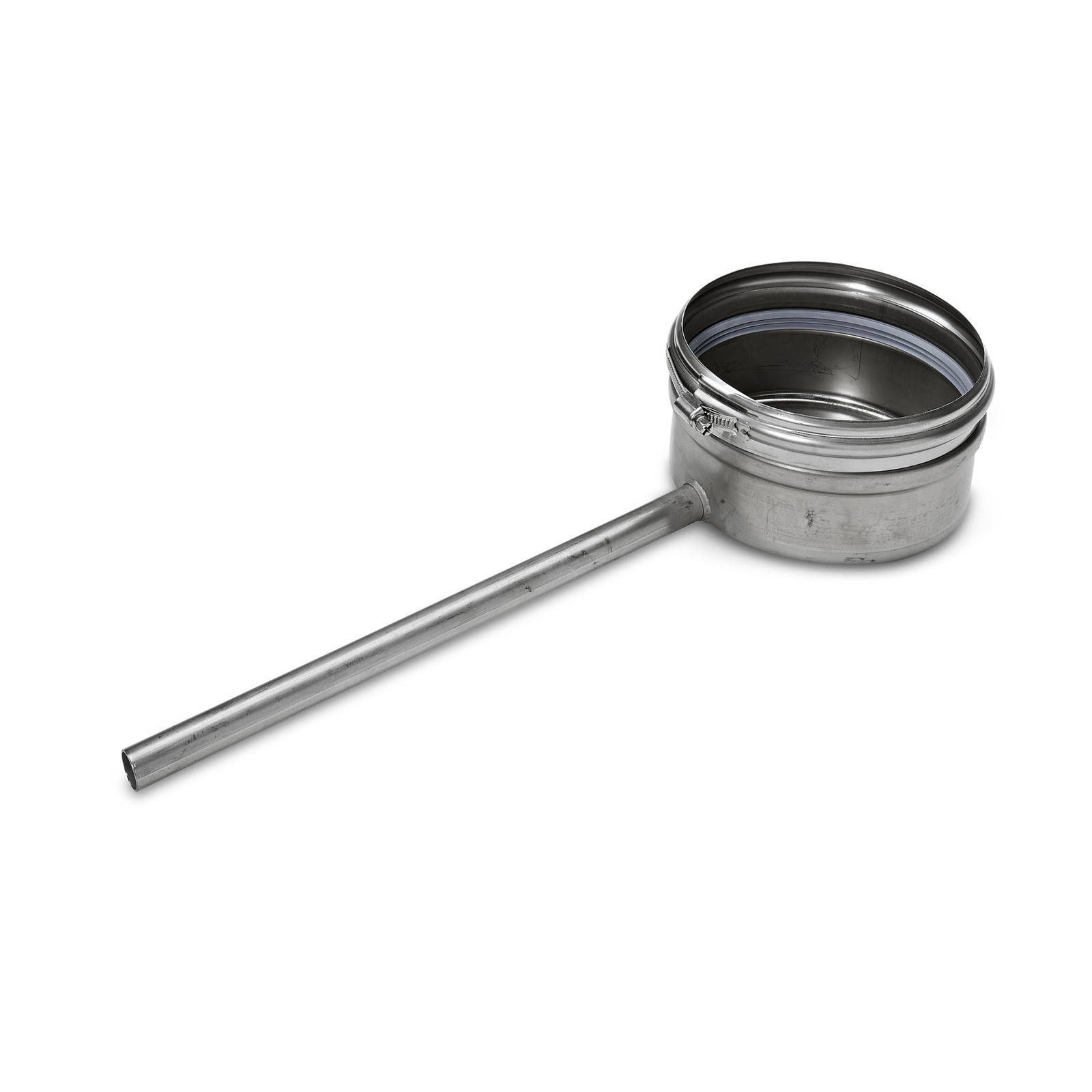 Stainless steel pipe with a circular clamp fitting, isolated on a white background. Stainless steel pipe with a circular clamp fitting, isolated on a white background.